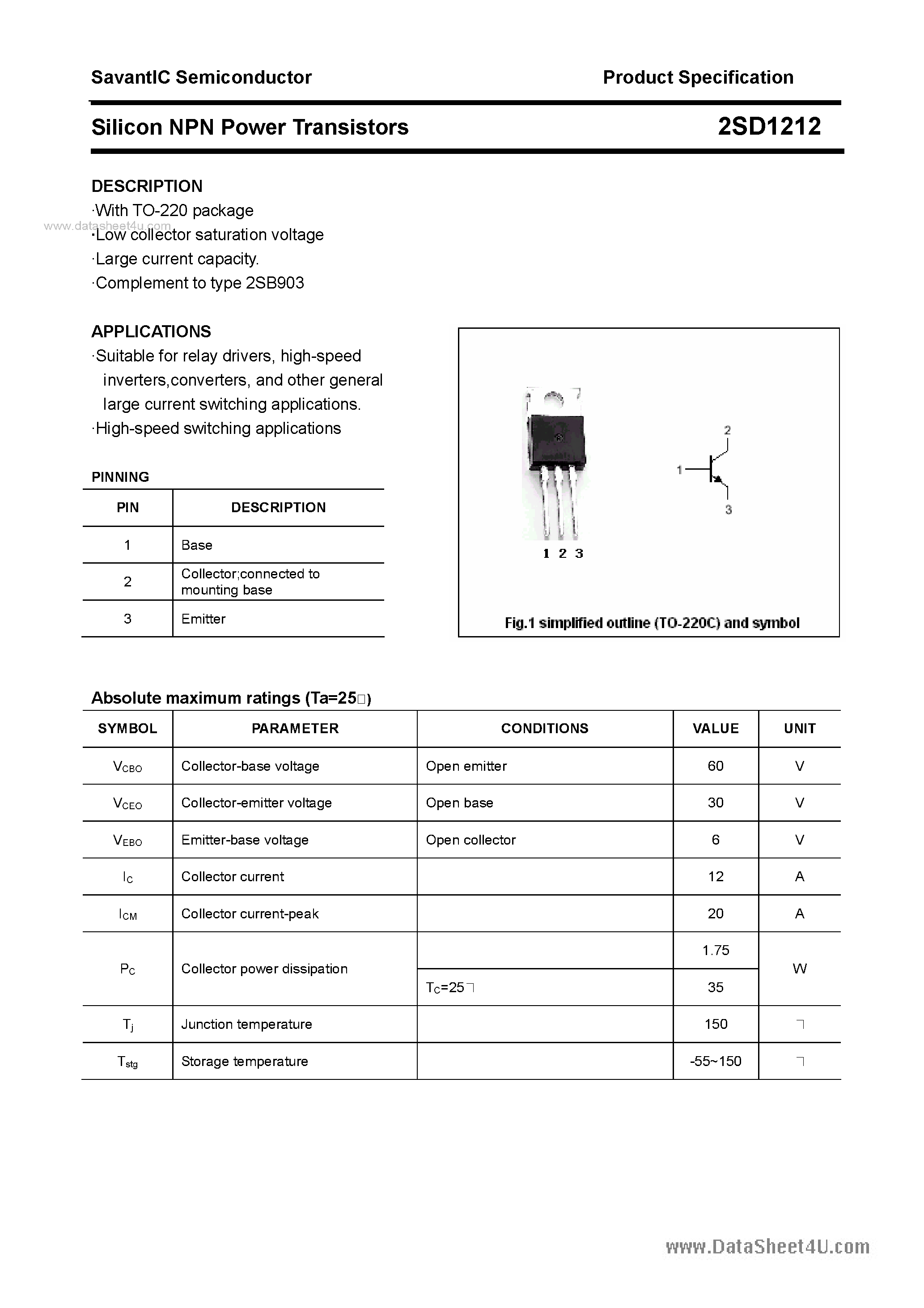 Datasheet 2SD1212 - SILICON POWER TRANSISTOR page 1