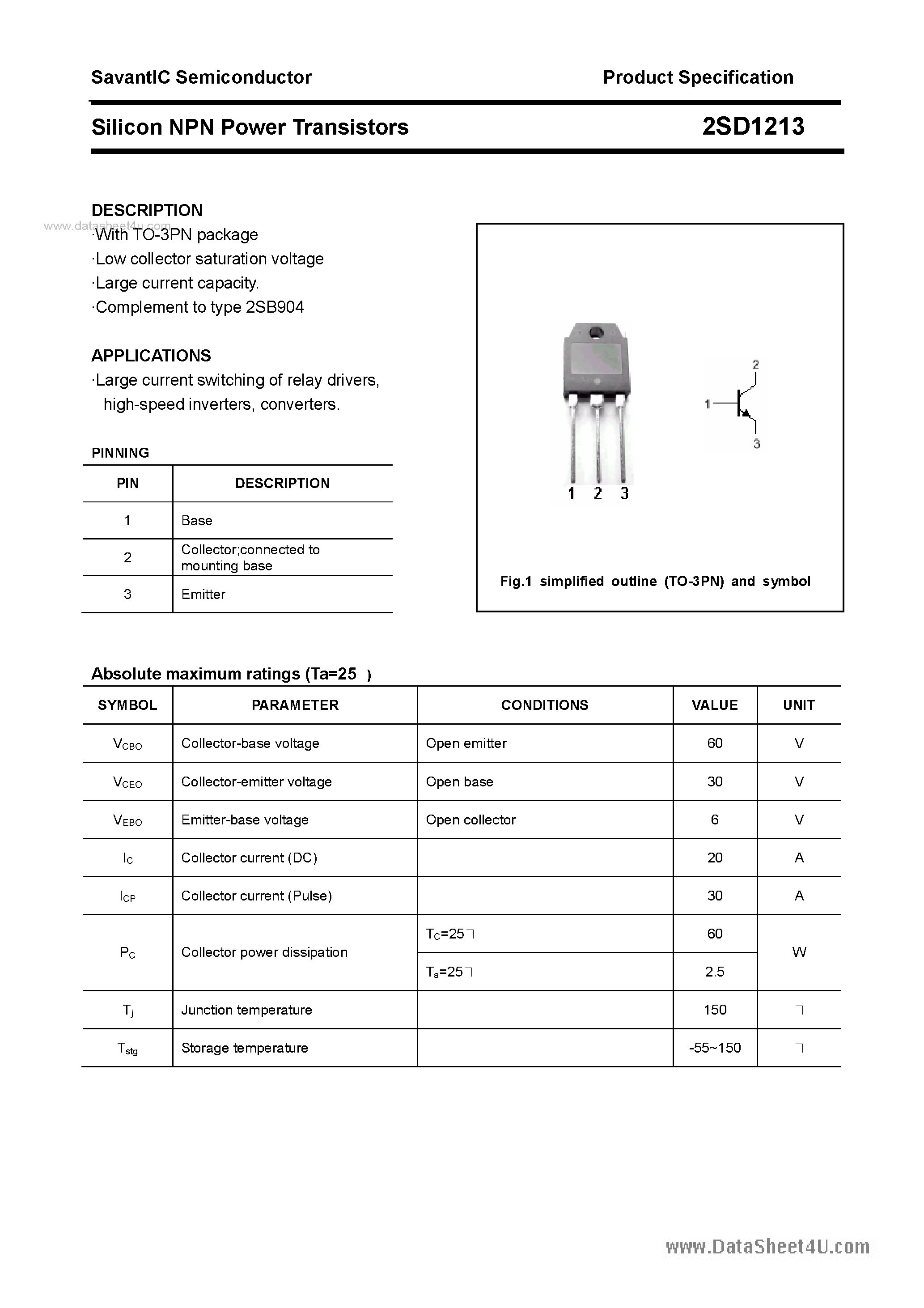 Datasheet 2SD1213 - SILICON POWER TRANSISTOR page 1