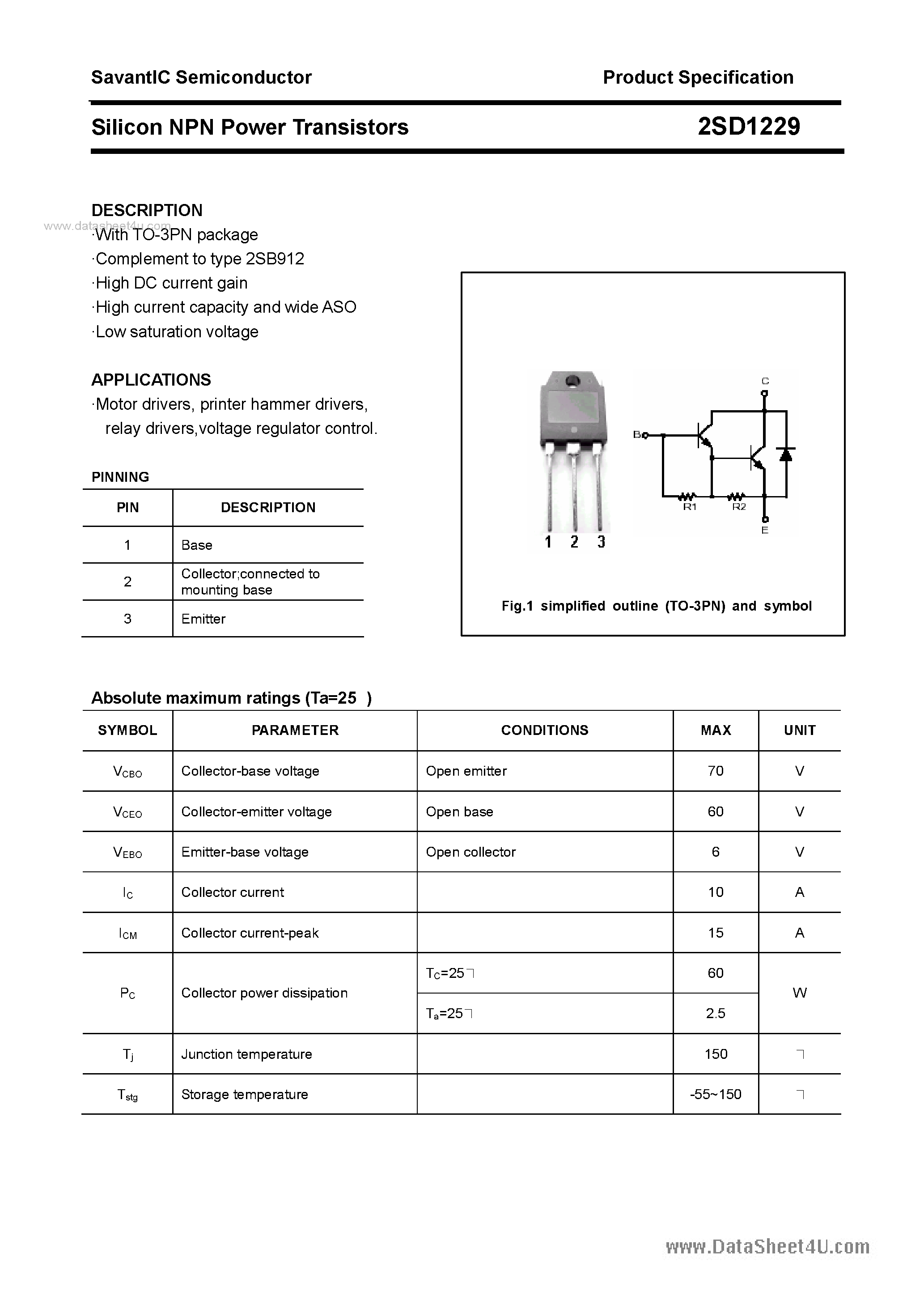 Datasheet 2SD1229 - SILICON POWER TRANSISTOR page 1