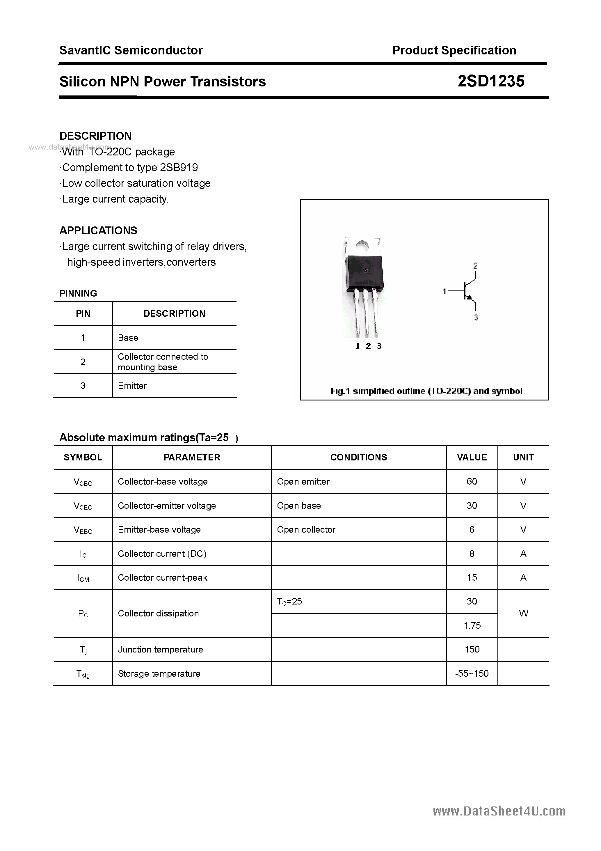 Datasheet 2SD1235 - SILICON POWER TRANSISTOR page 1