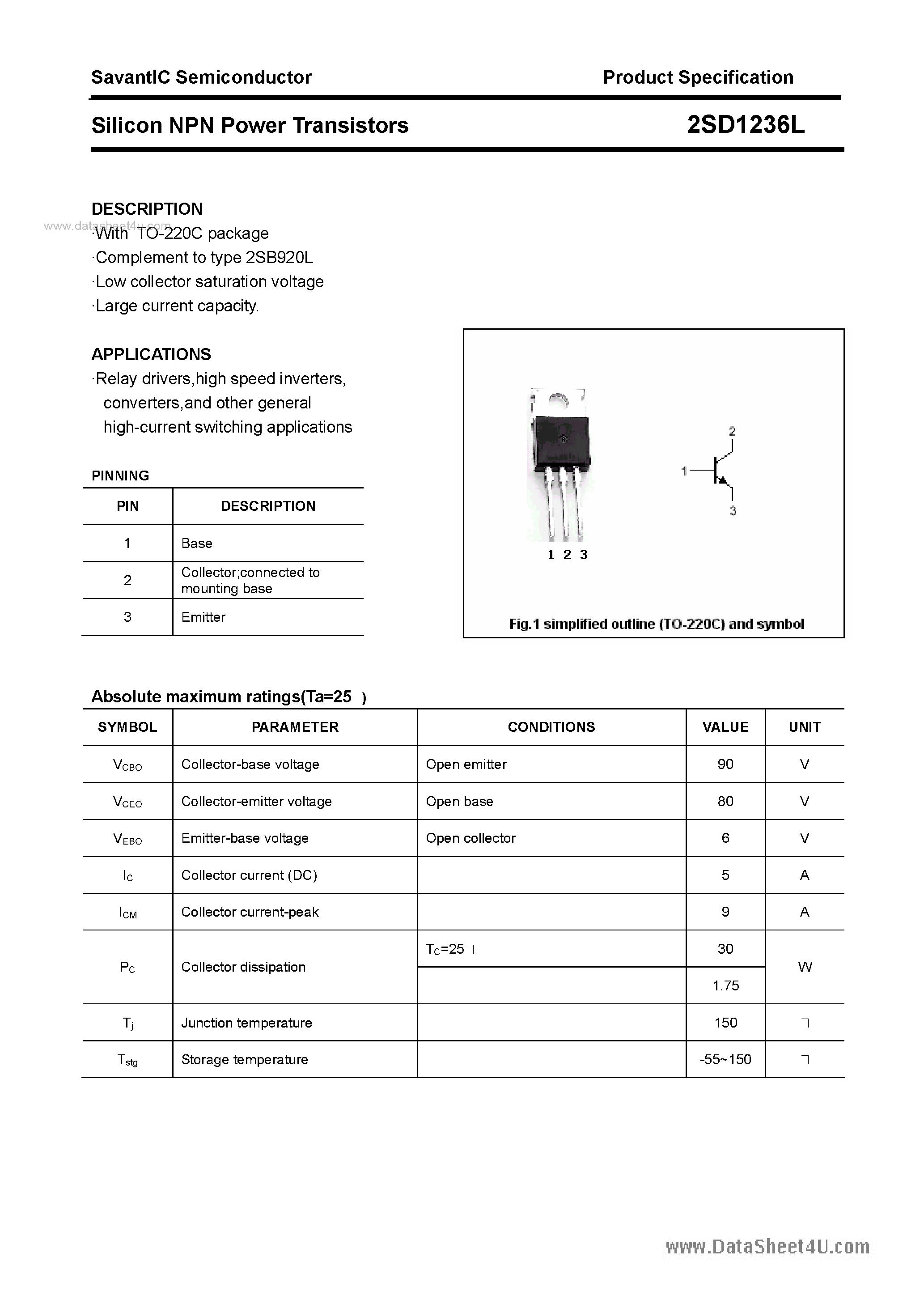 Datasheet 2SD1236L - SILICON POWER TRANSISTOR page 1