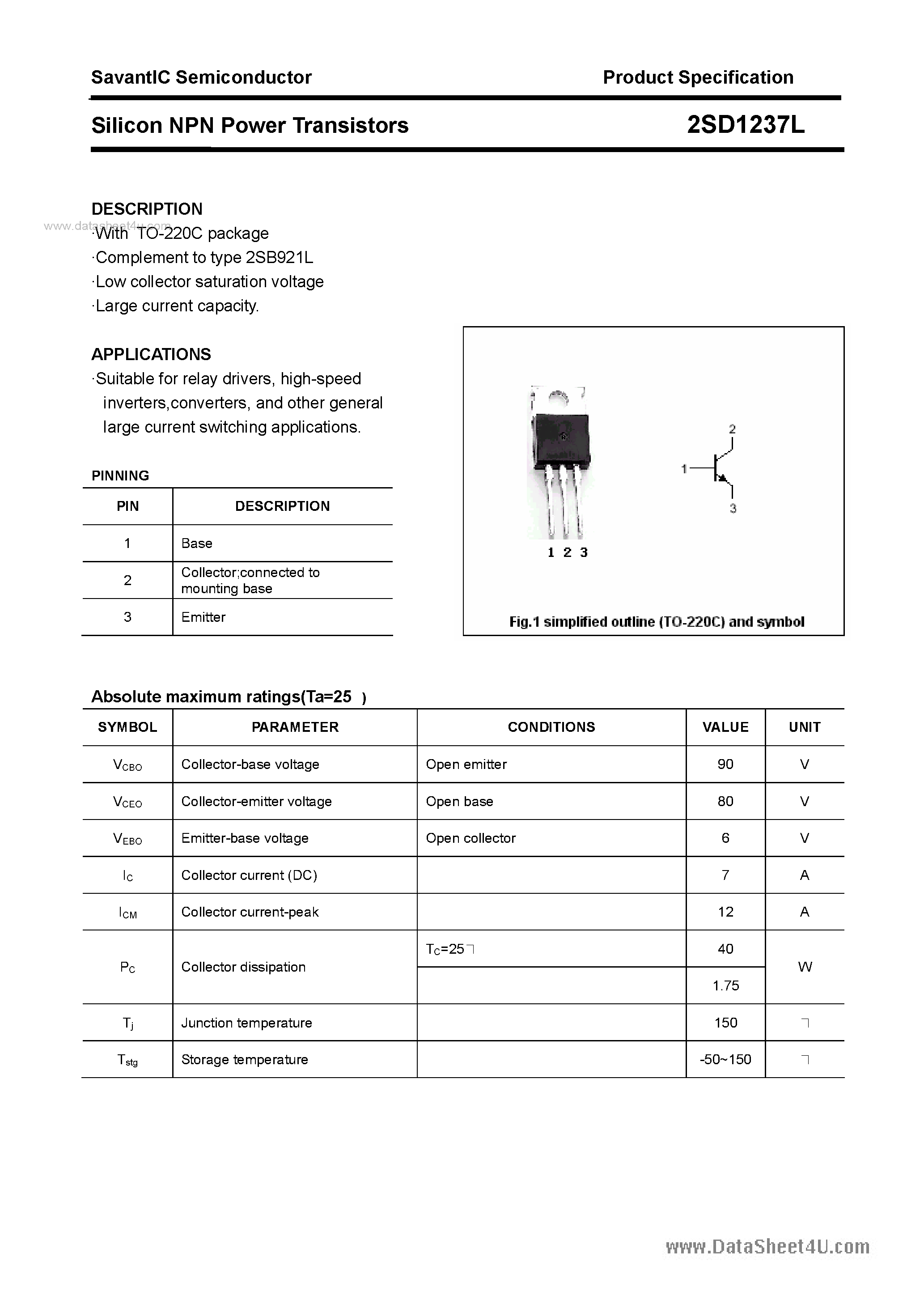 Datasheet 2SD1237L - SILICON POWER TRANSISTOR page 1
