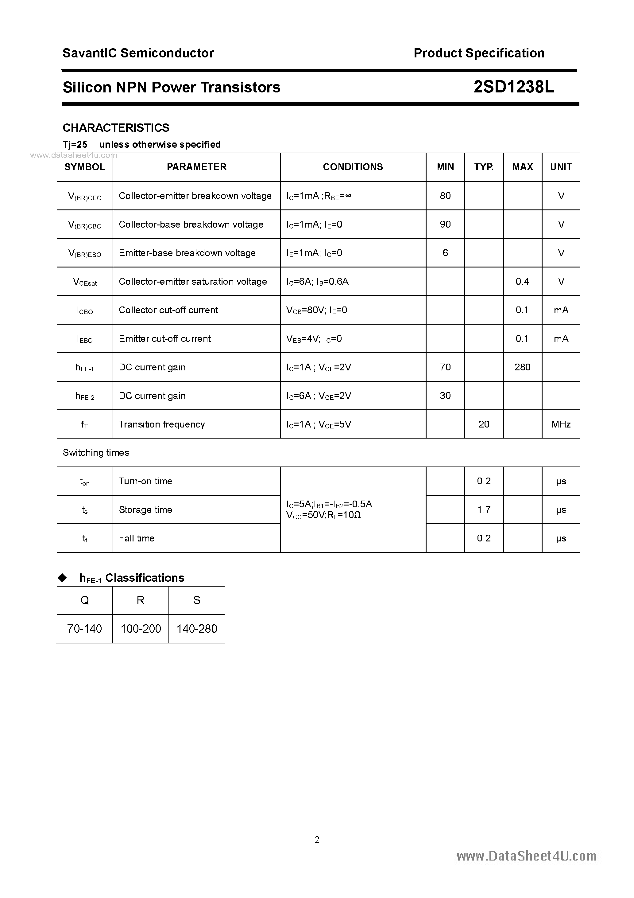 Datasheet 2SD1238L page 2 Datasheet 2SD1238L - SILICON POWER TRANSISTOR page 2