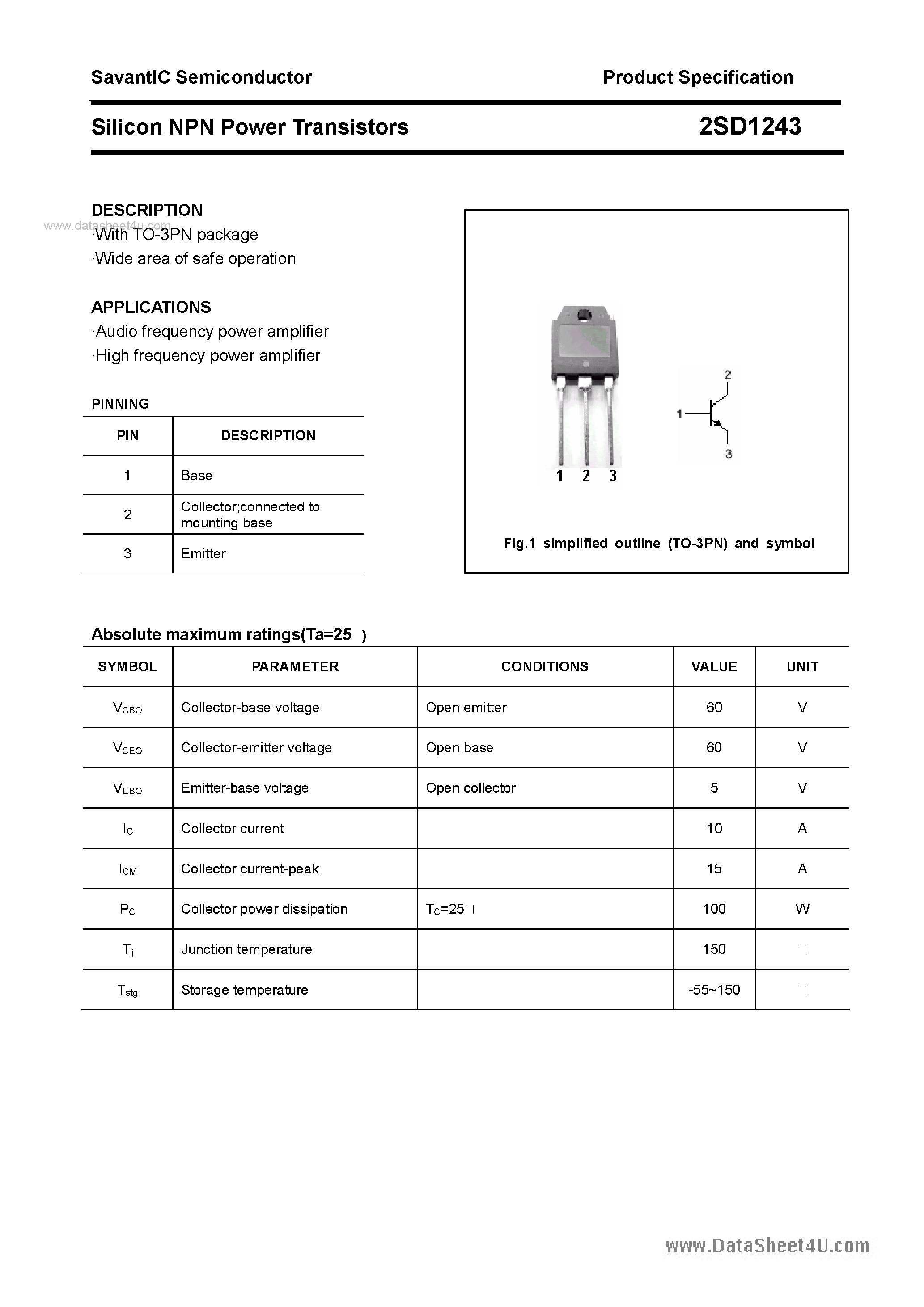 Datasheet 2SD1243 - SILICON POWER TRANSISTOR page 1