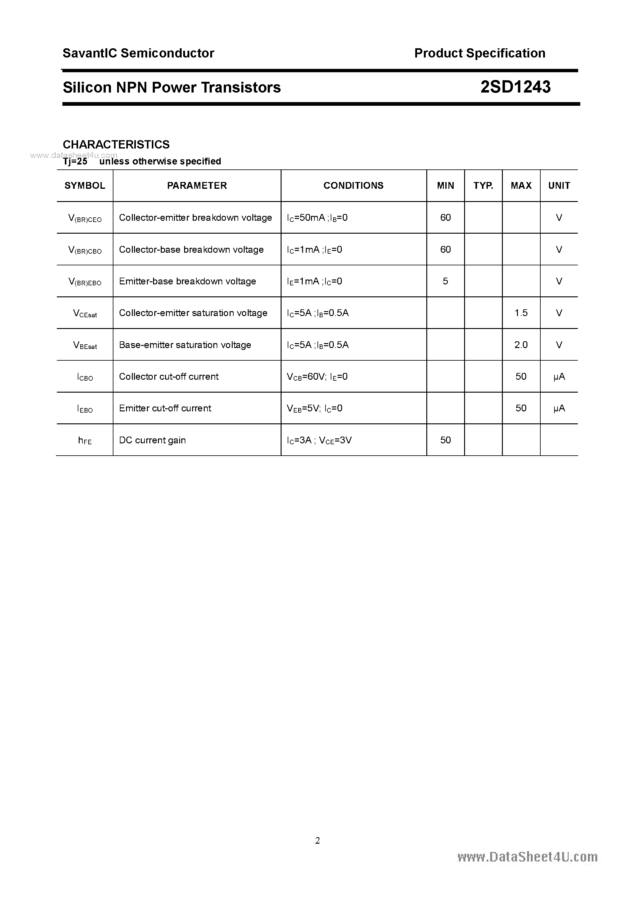 Datasheet 2SD1243 - SILICON POWER TRANSISTOR page 2
