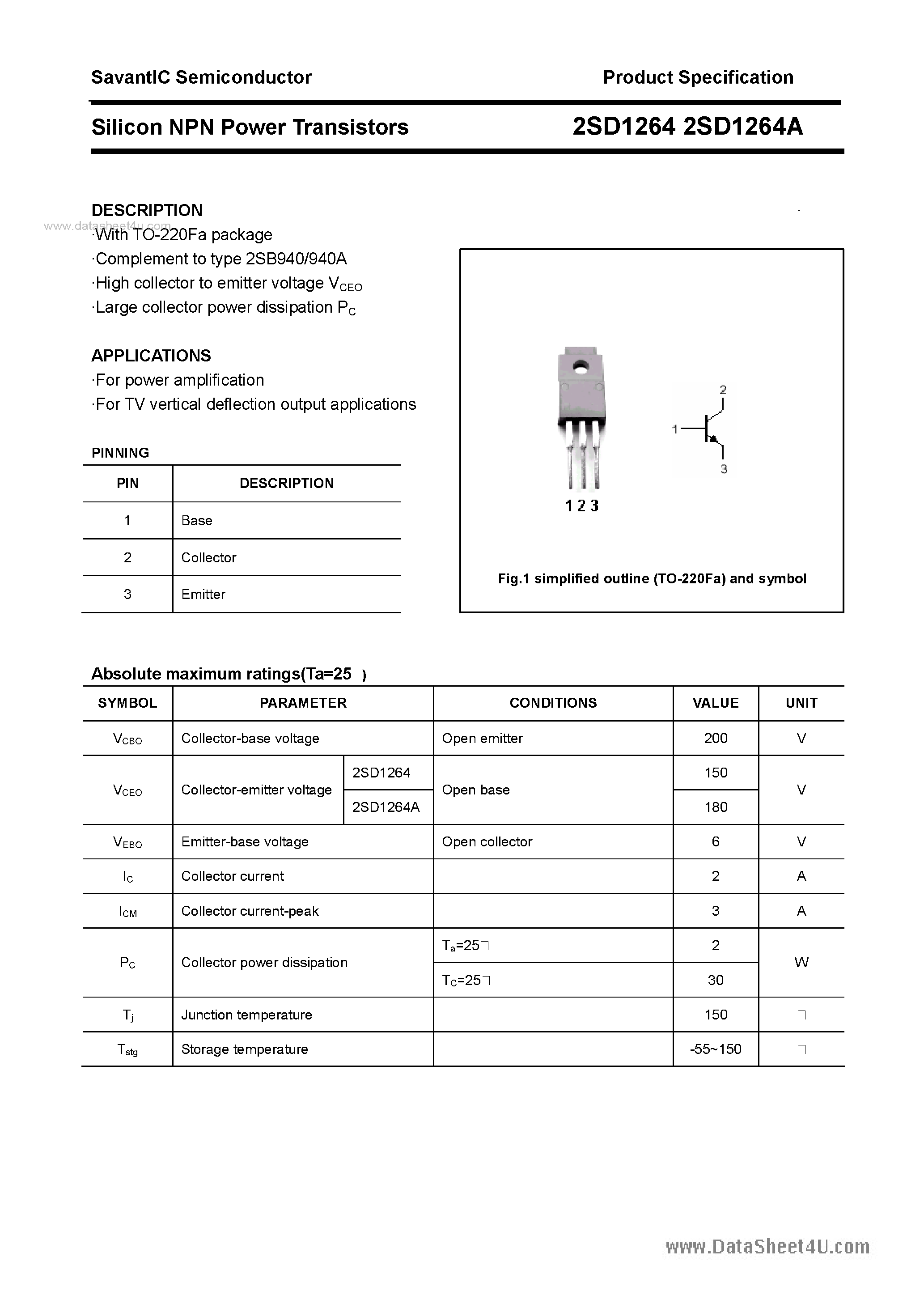 Datasheet 2SD1264 page 1 Datasheet 2SD1264 - SILICON POWER TRANSISTOR page 1