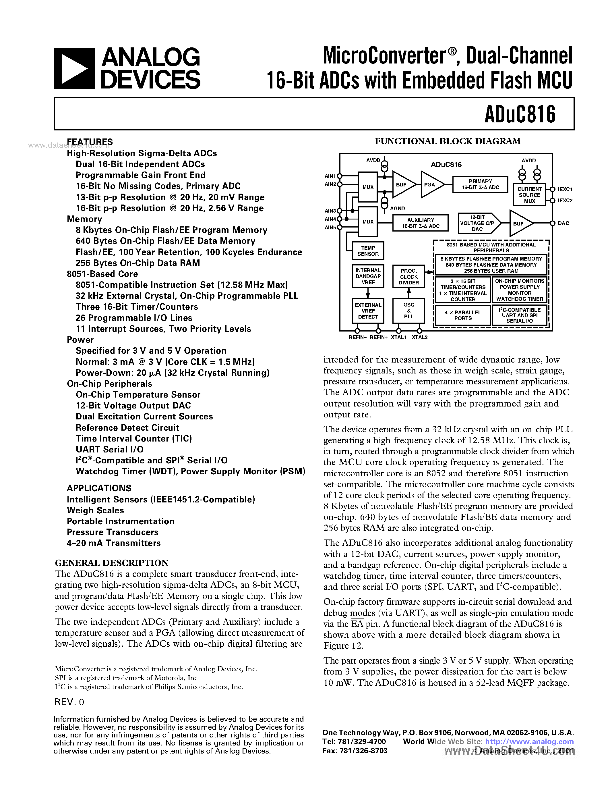 Даташит ADUC816 - Dual-Channel 16-Bit ADCs страница 1