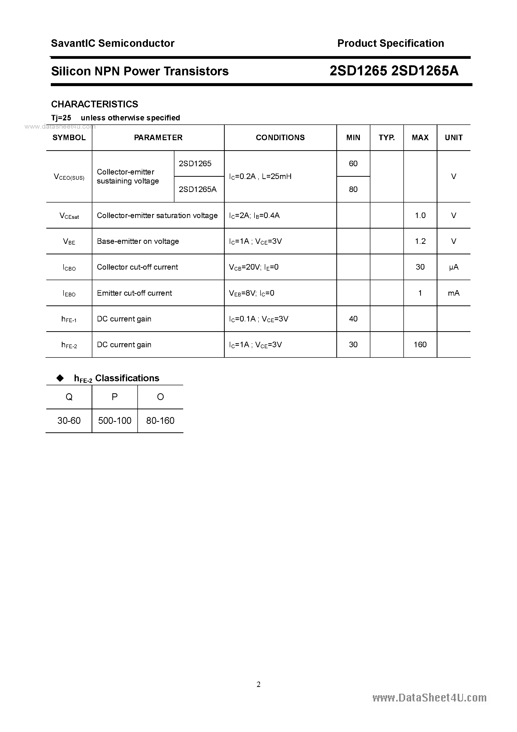 Datasheet 2SD1265 page 2 Datasheet 2SD1265 - SILICON POWER TRANSISTOR page 2