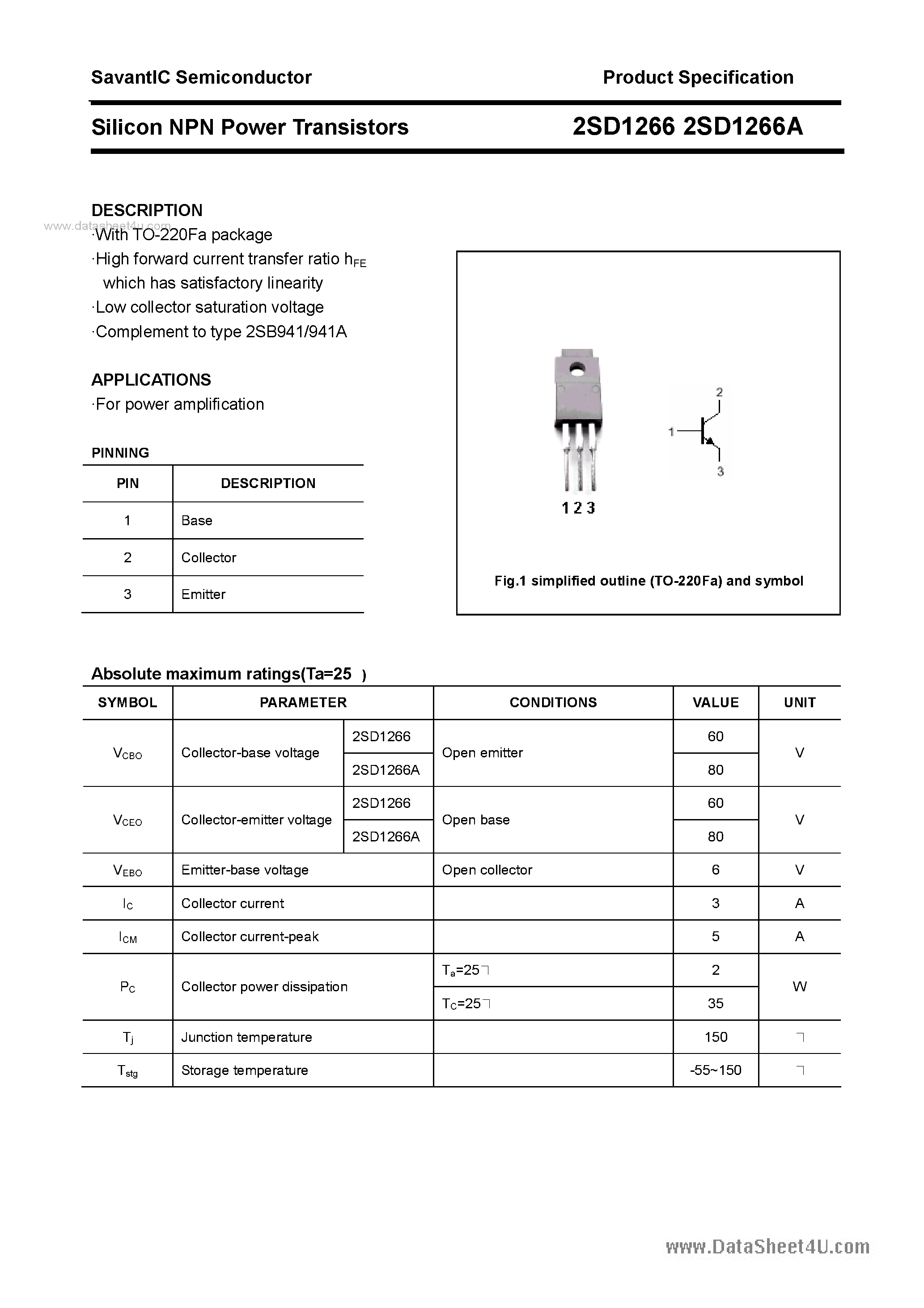 Datasheet 2SD1266 page 1 Datasheet 2SD1266 - SILICON POWER TRANSISTOR page 1