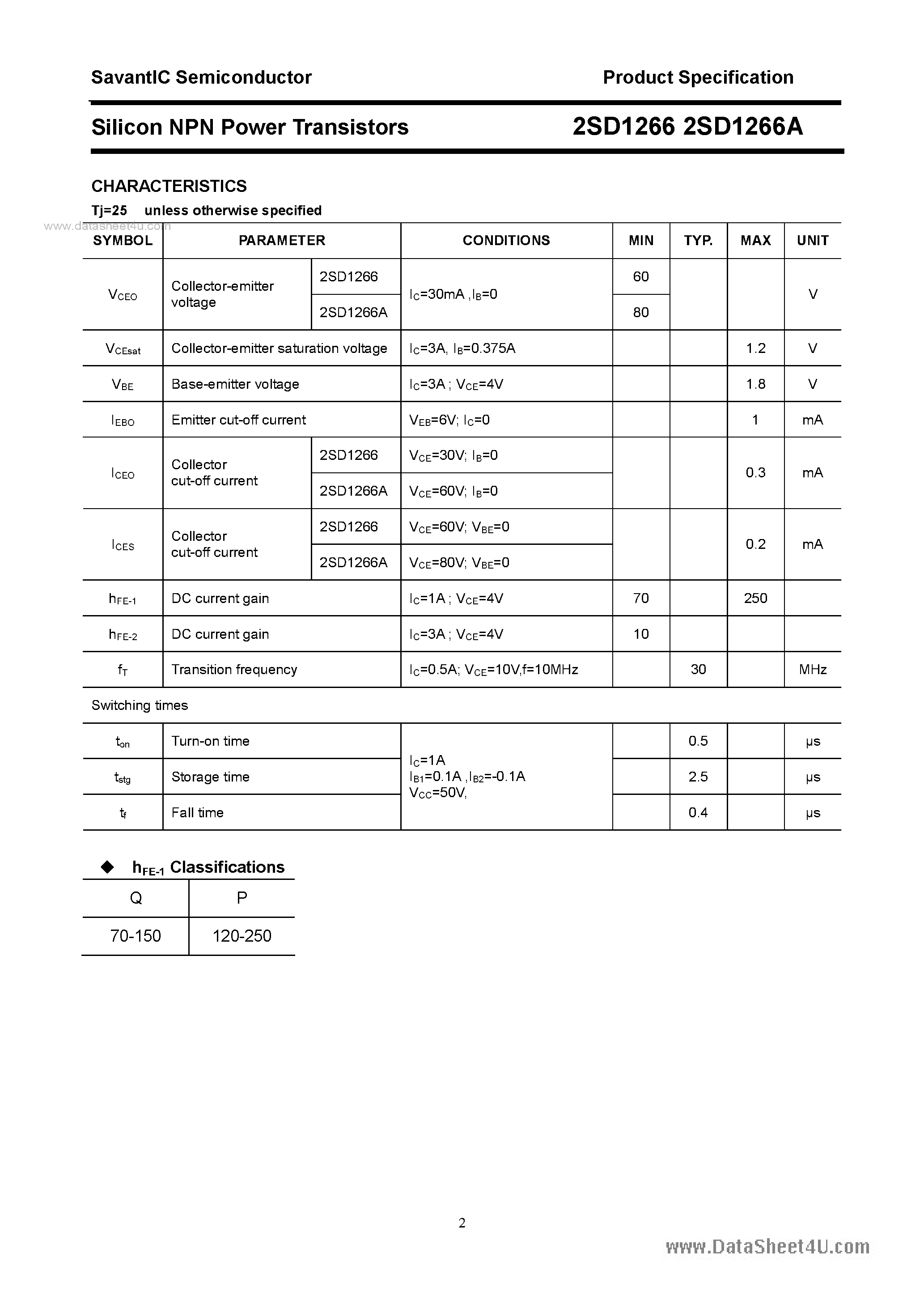 Datasheet 2SD1266 page 2 Datasheet 2SD1266 - SILICON POWER TRANSISTOR page 2