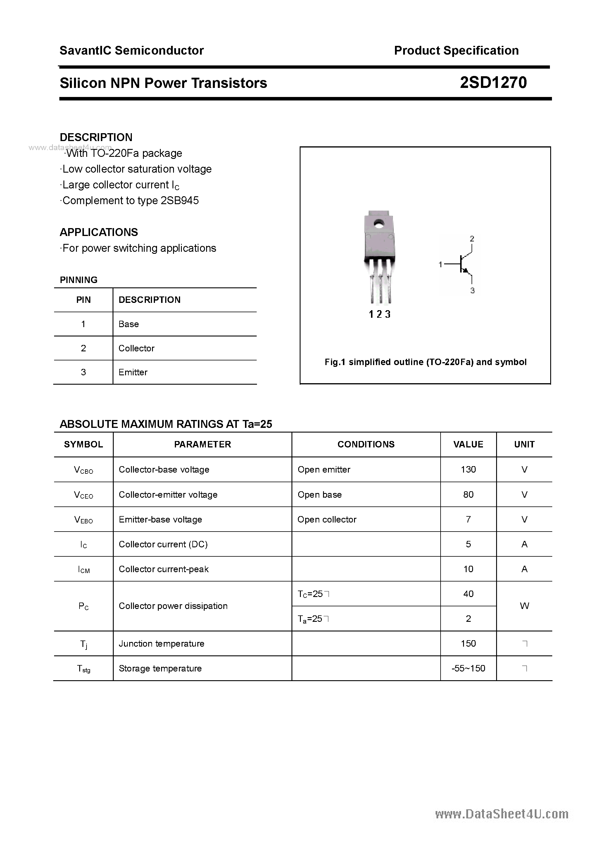 Datasheet 2SD1270 page 1 Datasheet 2SD1270 - SILICON POWER TRANSISTOR page 1