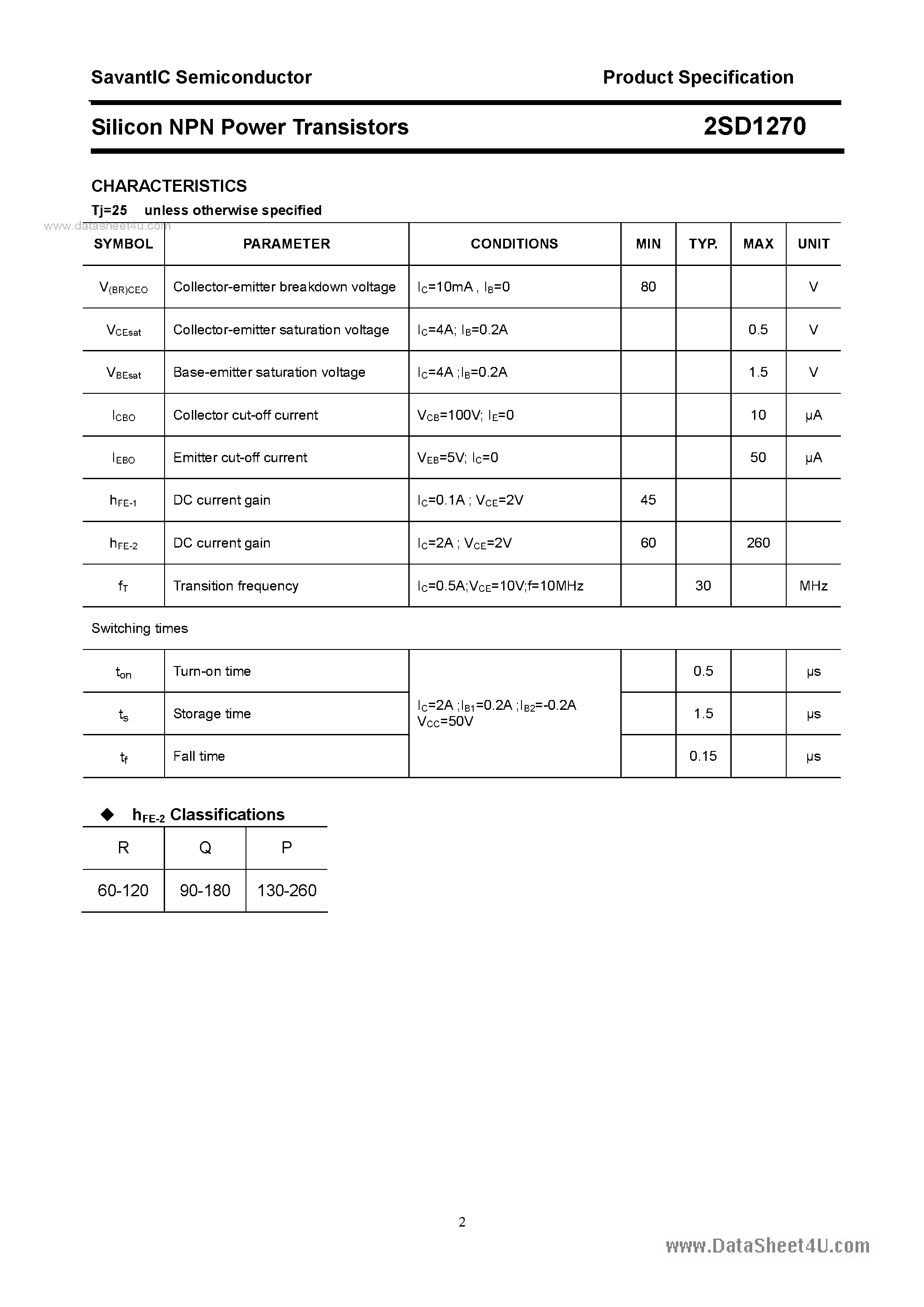 Datasheet 2SD1270 page 2 Datasheet 2SD1270 - SILICON POWER TRANSISTOR page 2