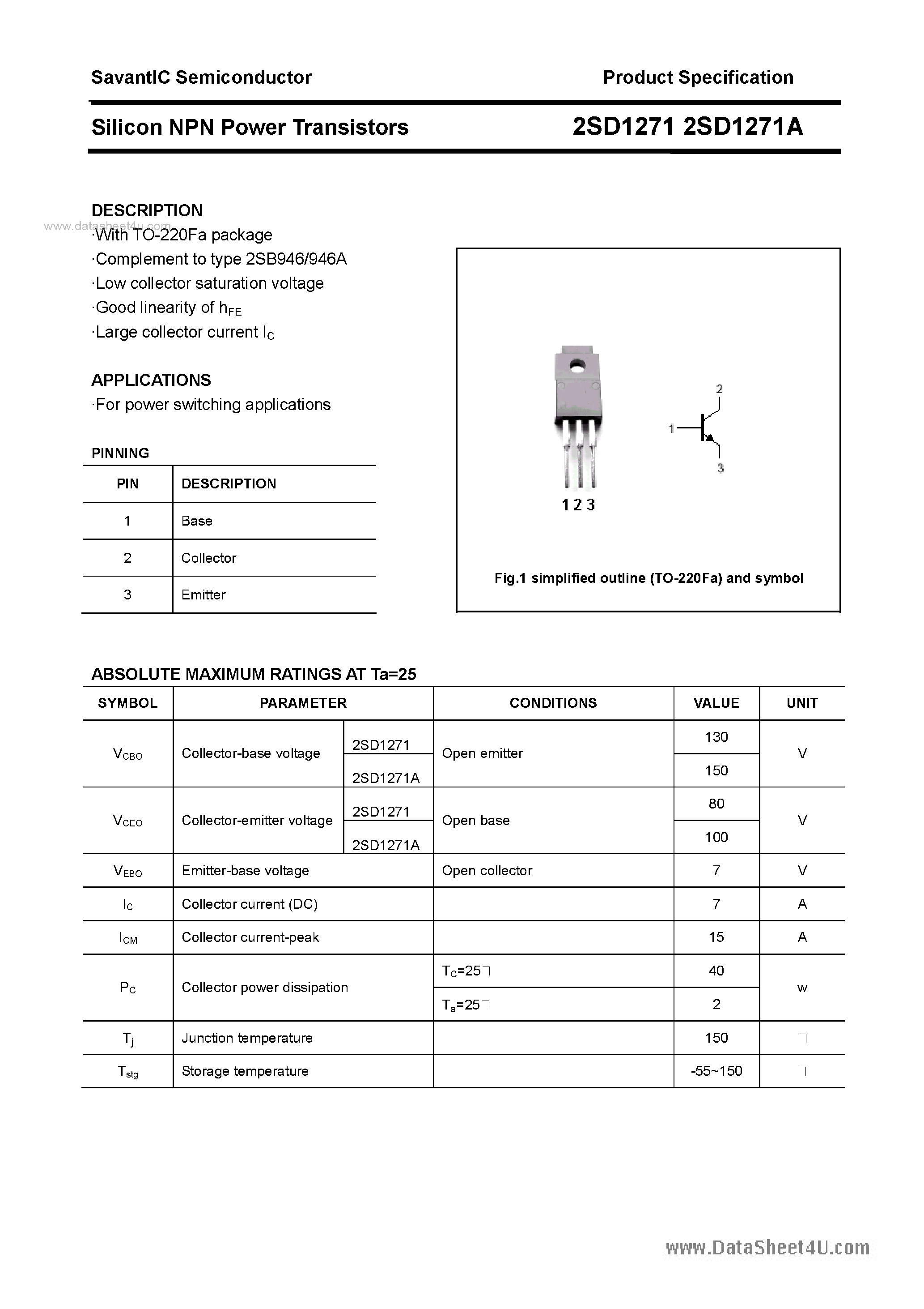 Datasheet 2SD1271 - SILICON POWER TRANSISTOR page 1