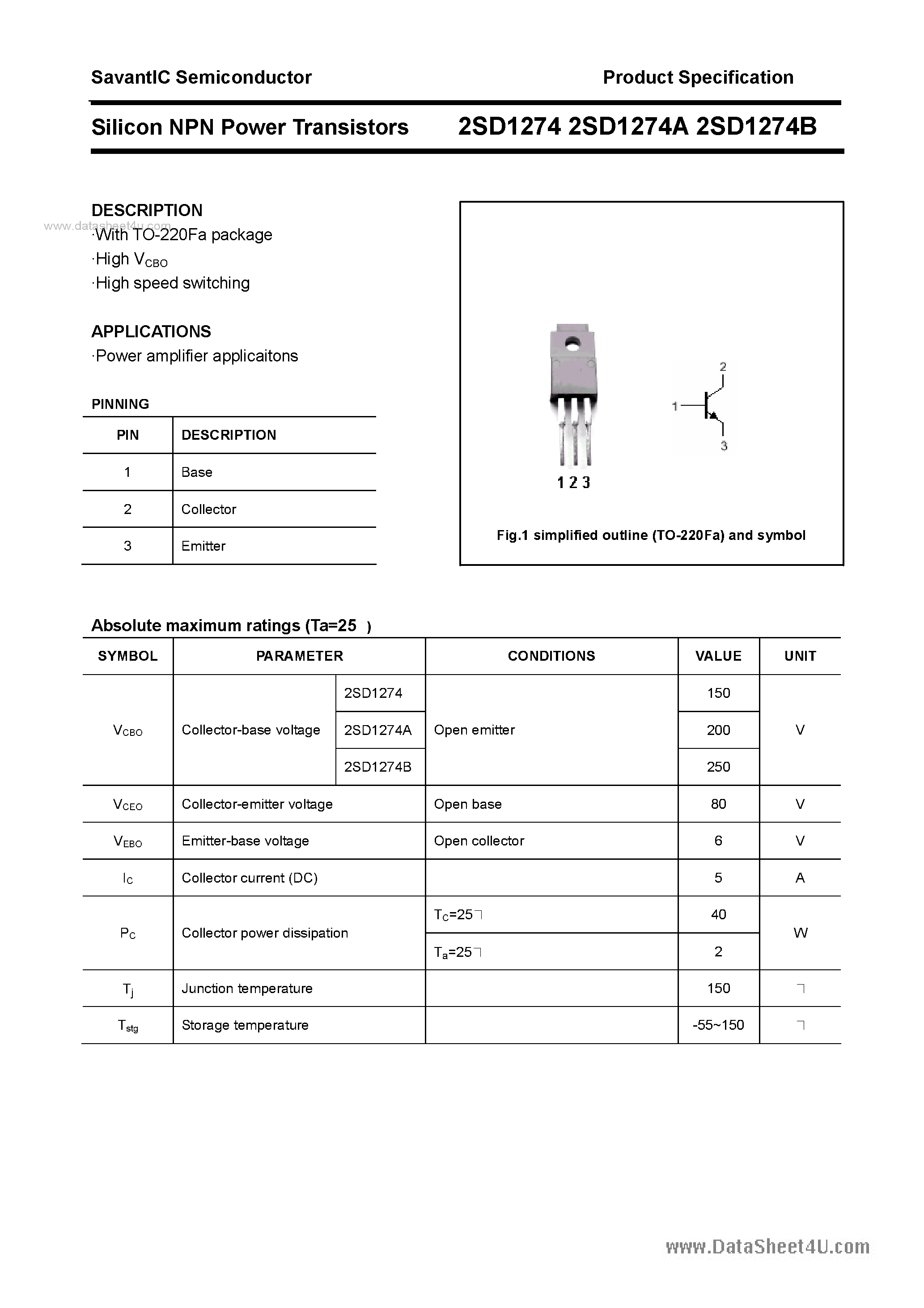 Datasheet 2SD1274 page 1 Datasheet 2SD1274 - SILICON POWER TRANSISTOR page 1