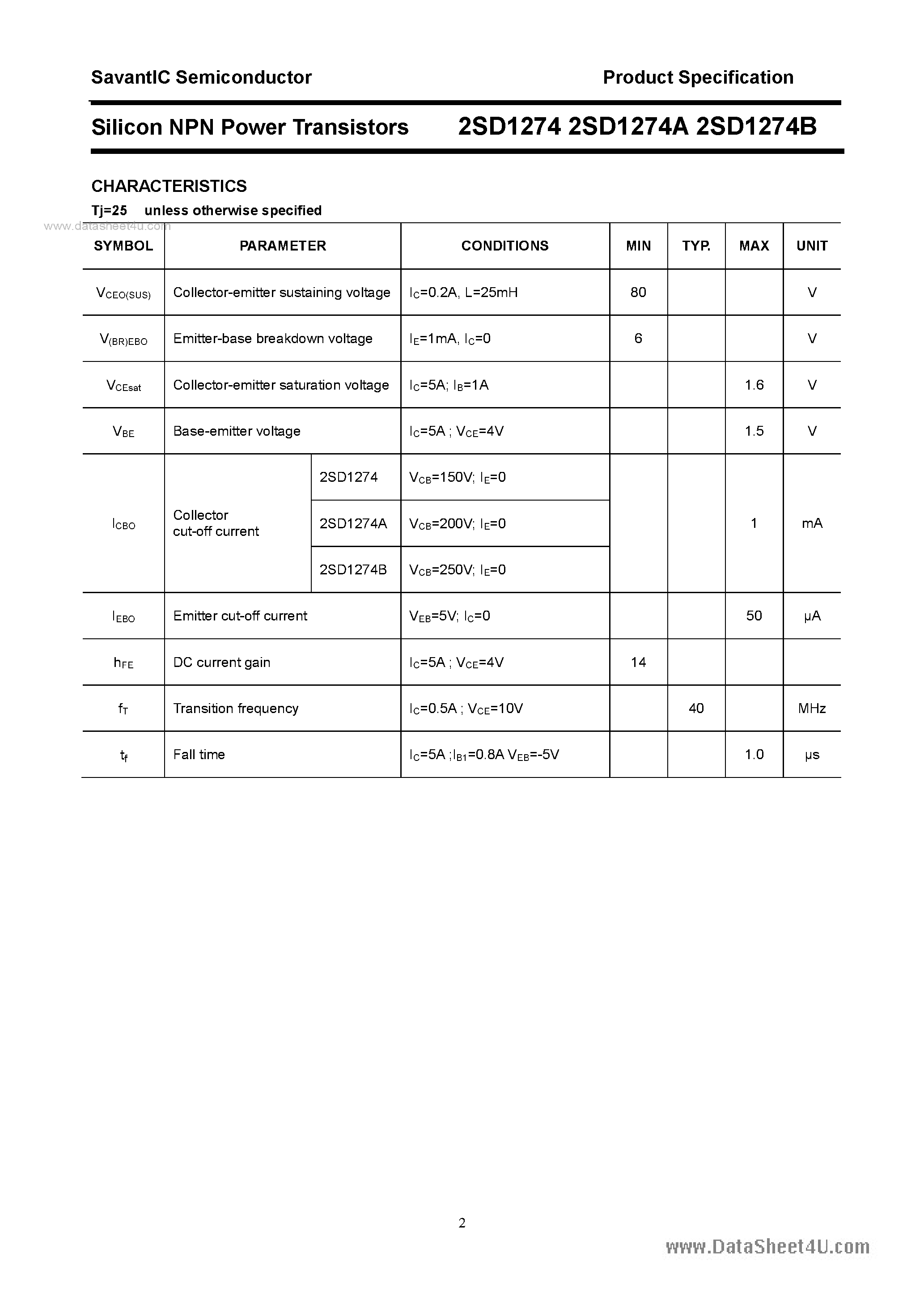 Datasheet 2SD1274 page 2 Datasheet 2SD1274 - SILICON POWER TRANSISTOR page 2