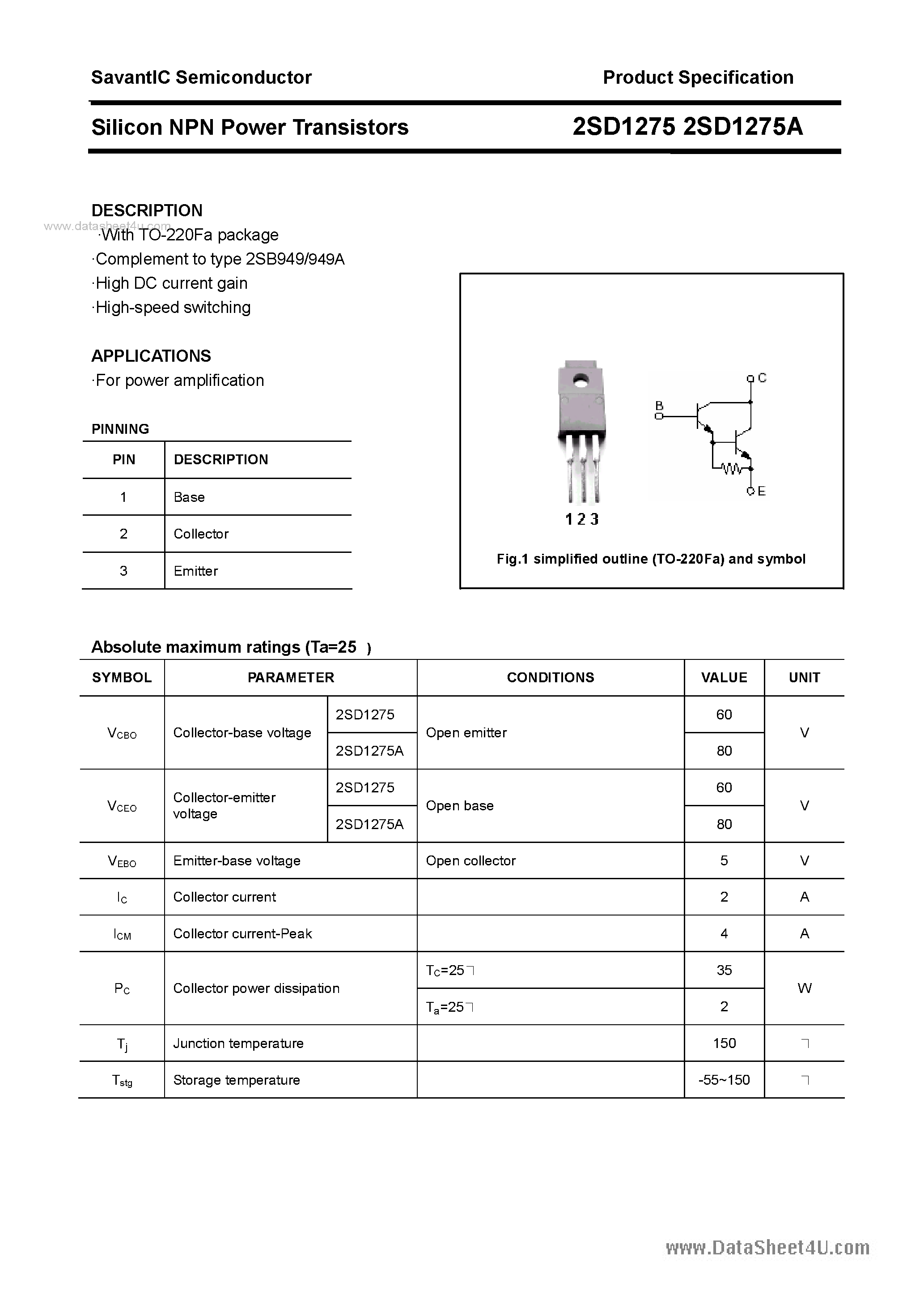 Datasheet 2SD1275 - SILICON POWER TRANSISTOR page 1