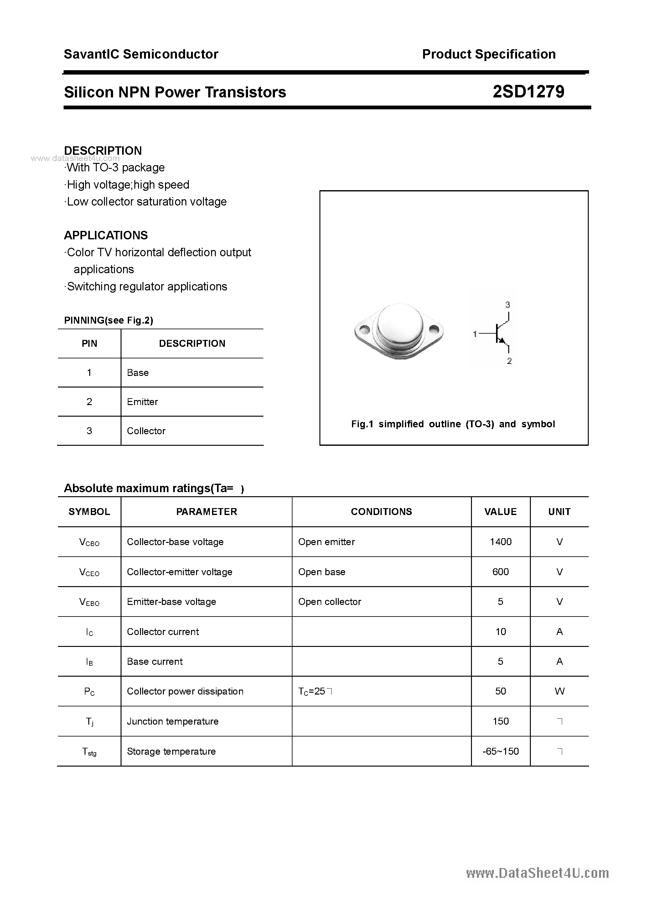 Datasheet 2SD1279 page 1 Datasheet 2SD1279 - SILICON POWER TRANSISTOR page 1