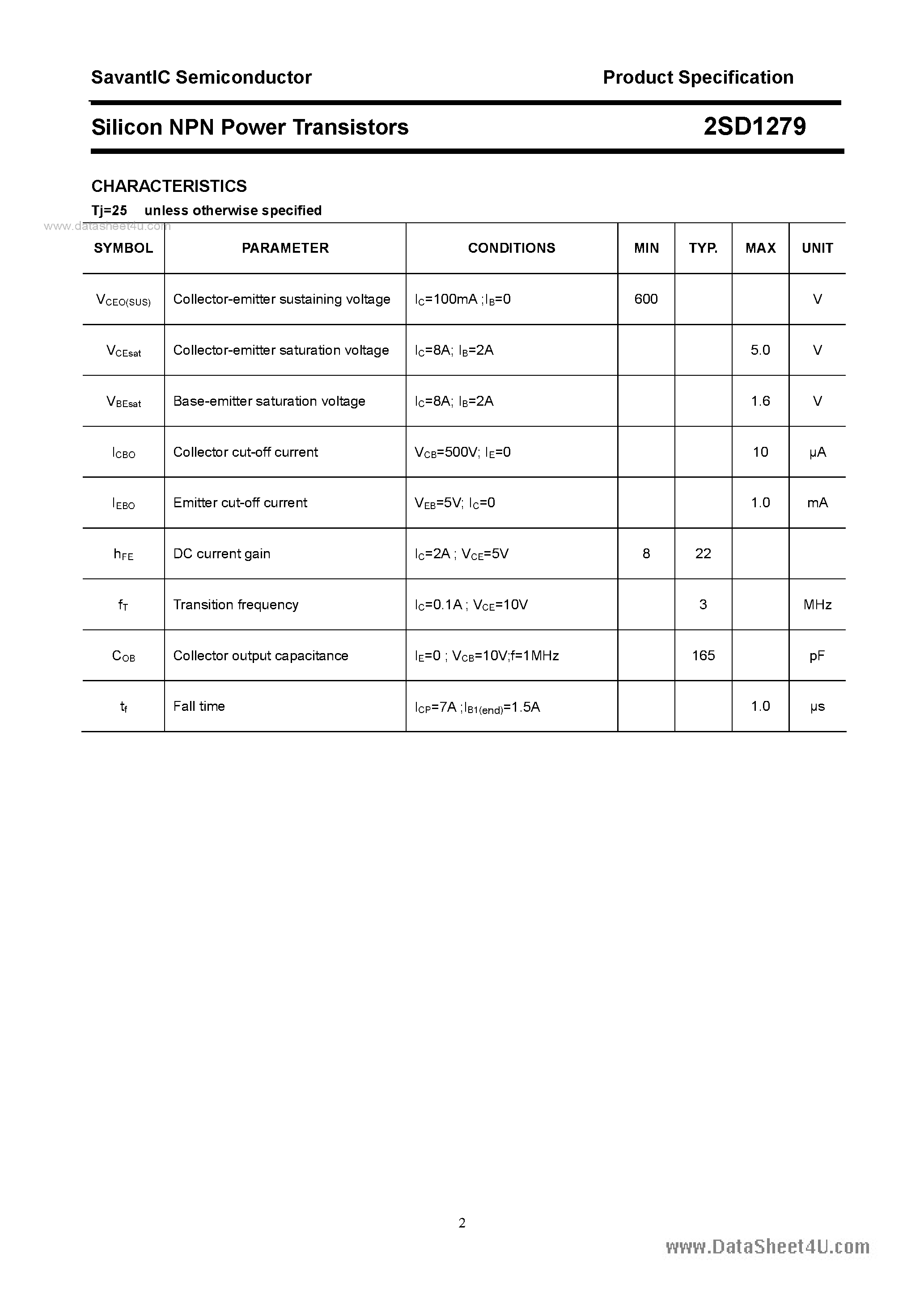 Datasheet 2SD1279 page 2 Datasheet 2SD1279 - SILICON POWER TRANSISTOR page 2