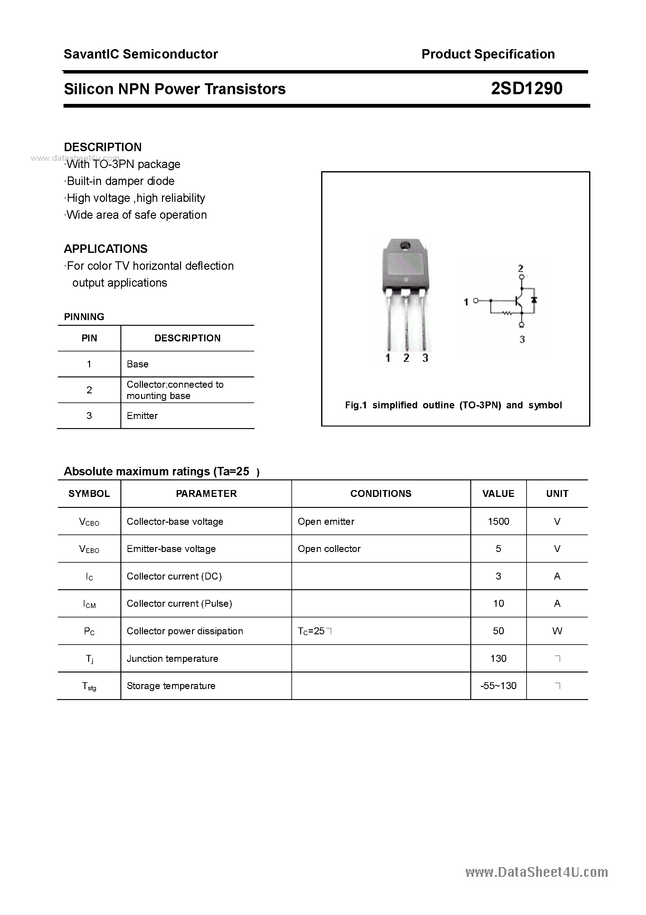 Datasheet 2SD1290 - SILICON POWER TRANSISTOR page 1