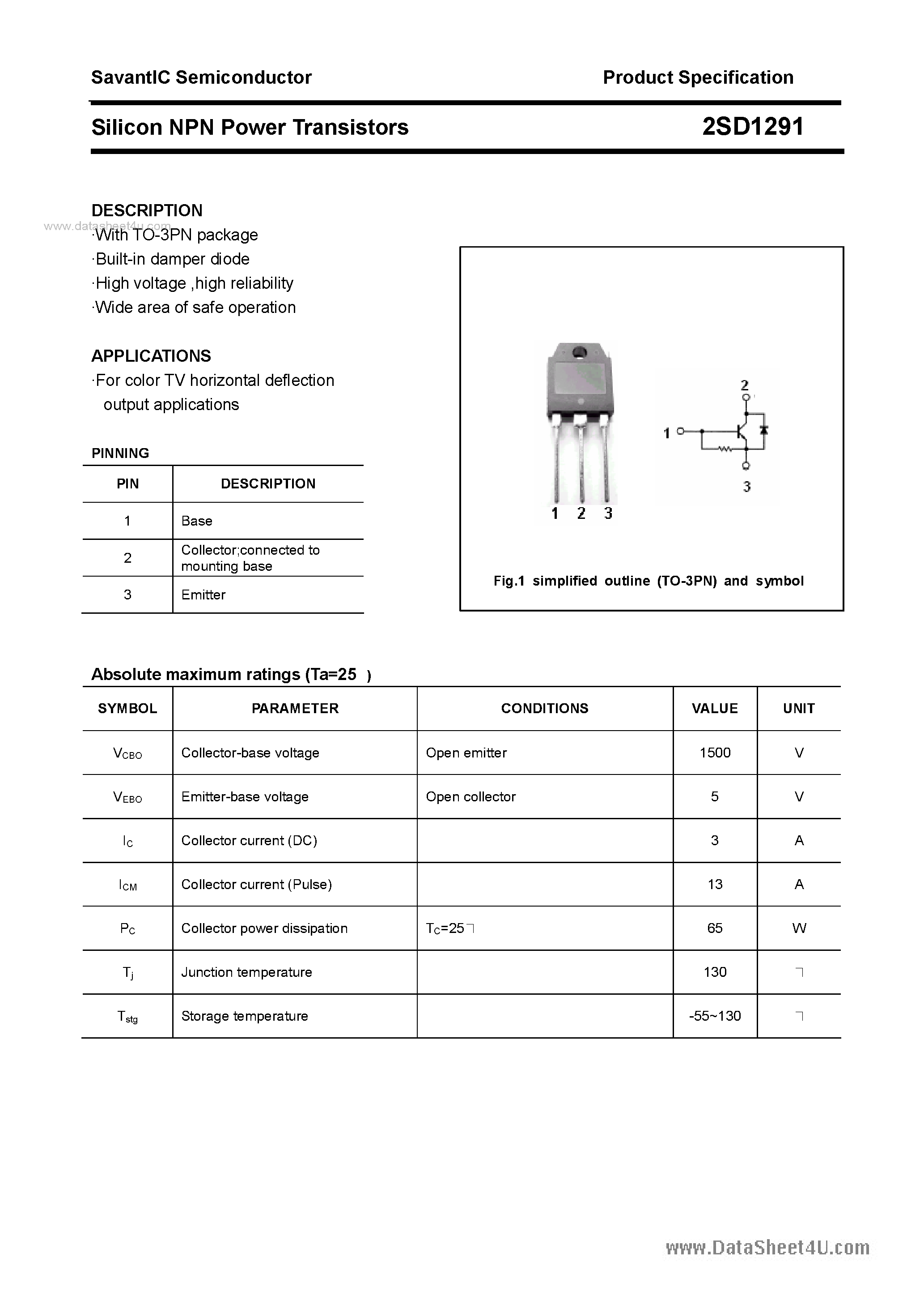 Datasheet 2SD1291 - SILICON POWER TRANSISTOR page 1