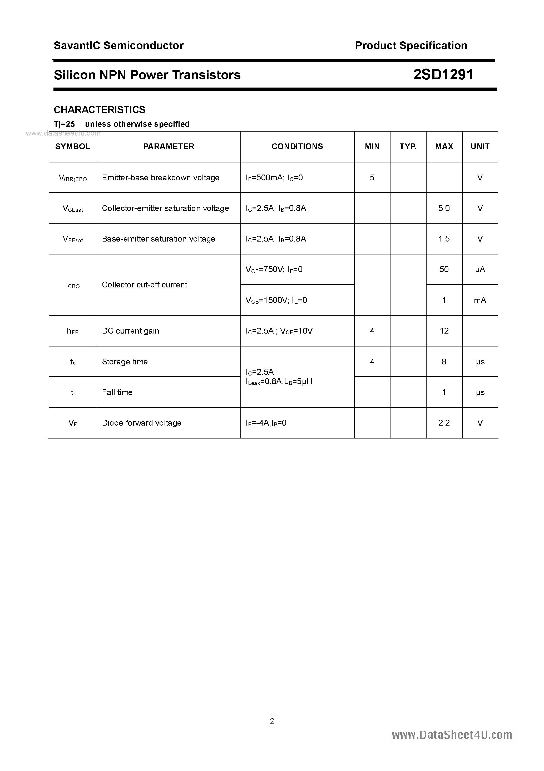 Datasheet 2SD1291 - SILICON POWER TRANSISTOR page 2