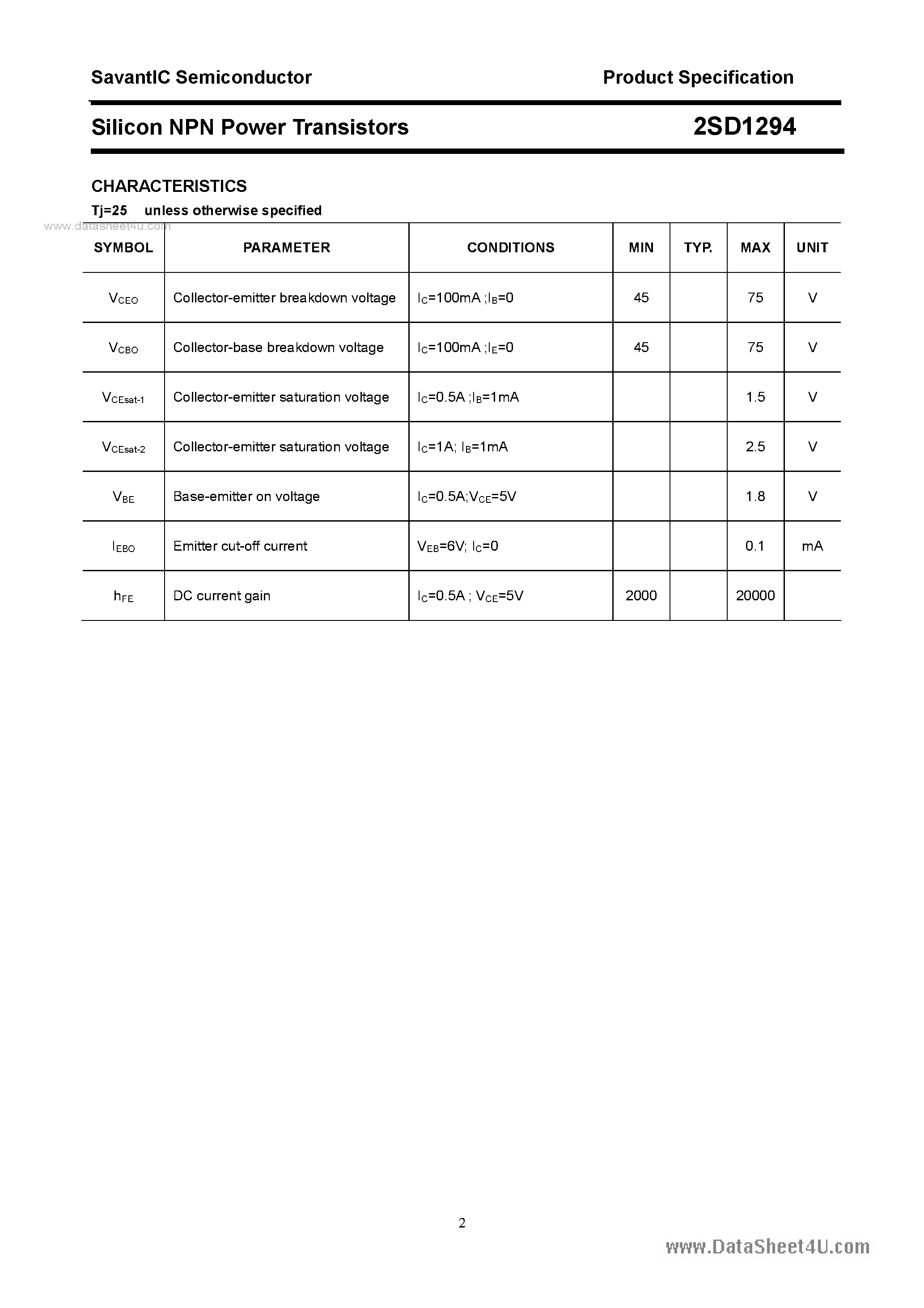 Datasheet 2SD1294 - SILICON POWER TRANSISTOR page 2