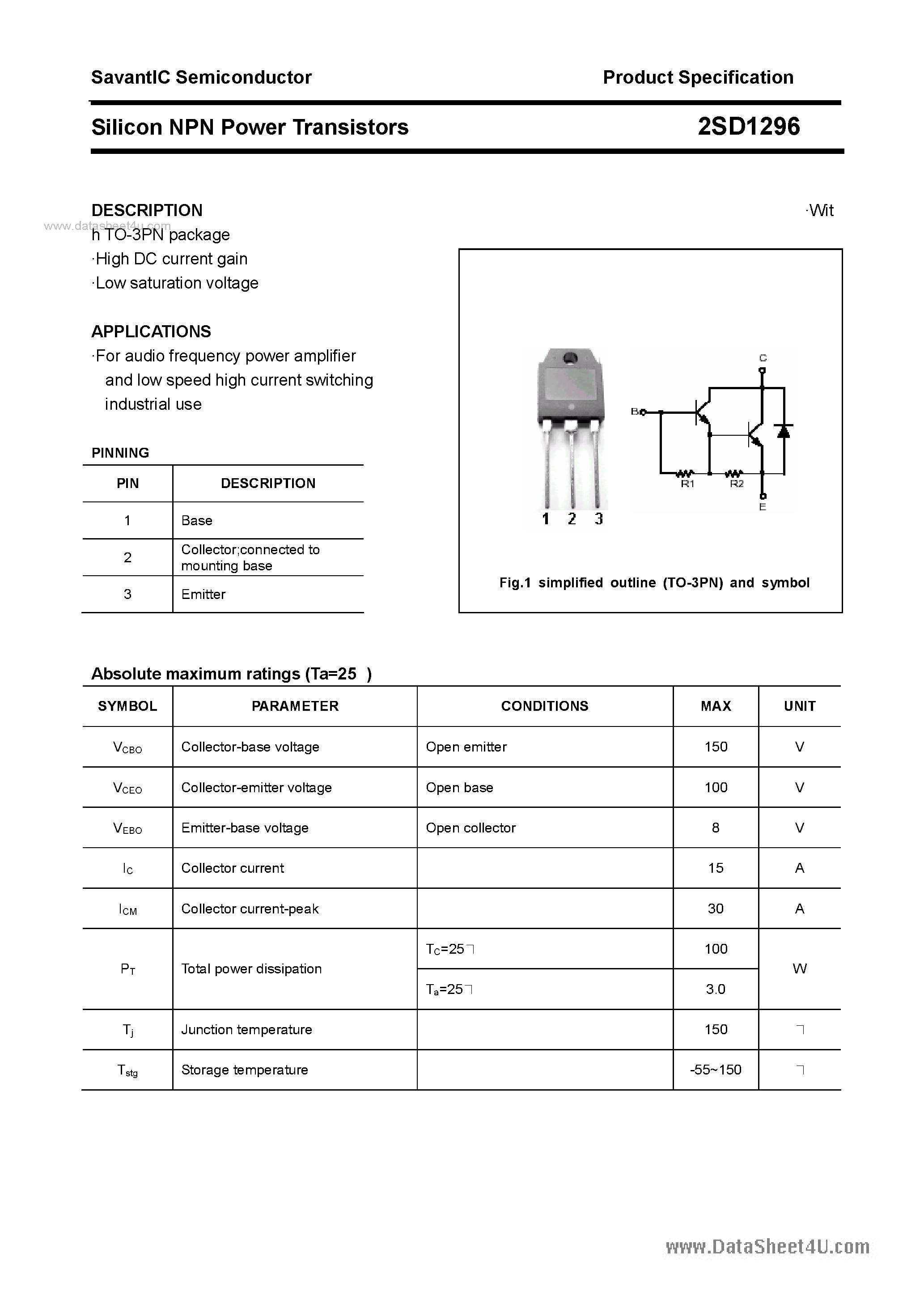 Datasheet 2SD1296 - SILICON POWER TRANSISTOR page 1