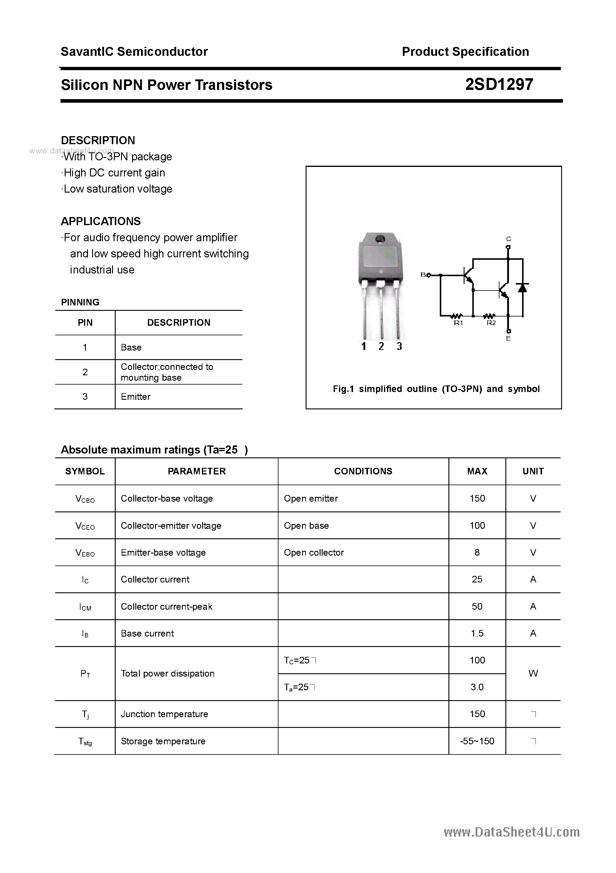 Datasheet 2SD1297 - SILICON POWER TRANSISTOR page 1