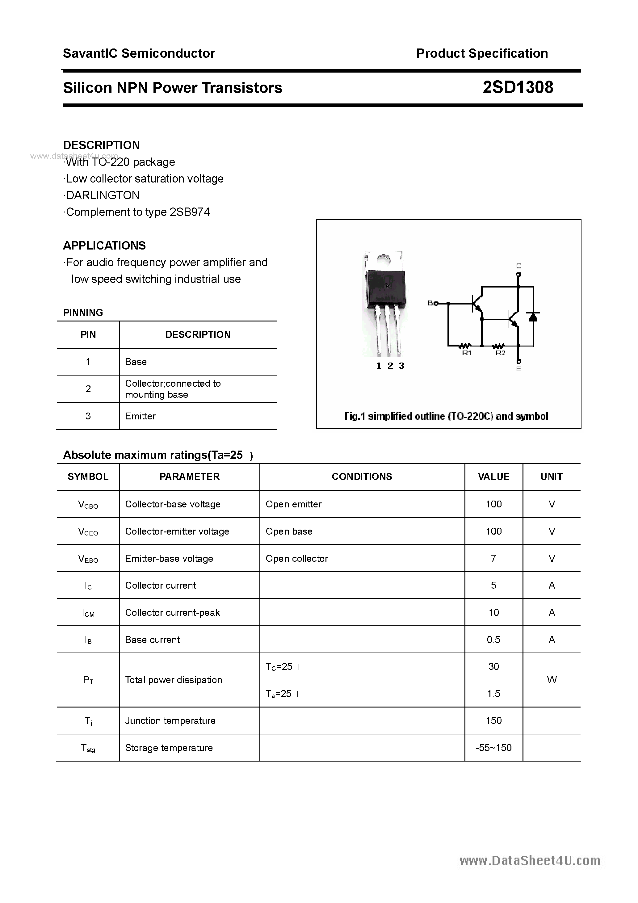 Datasheet 2SD1308 - SILICON POWER TRANSISTOR page 1