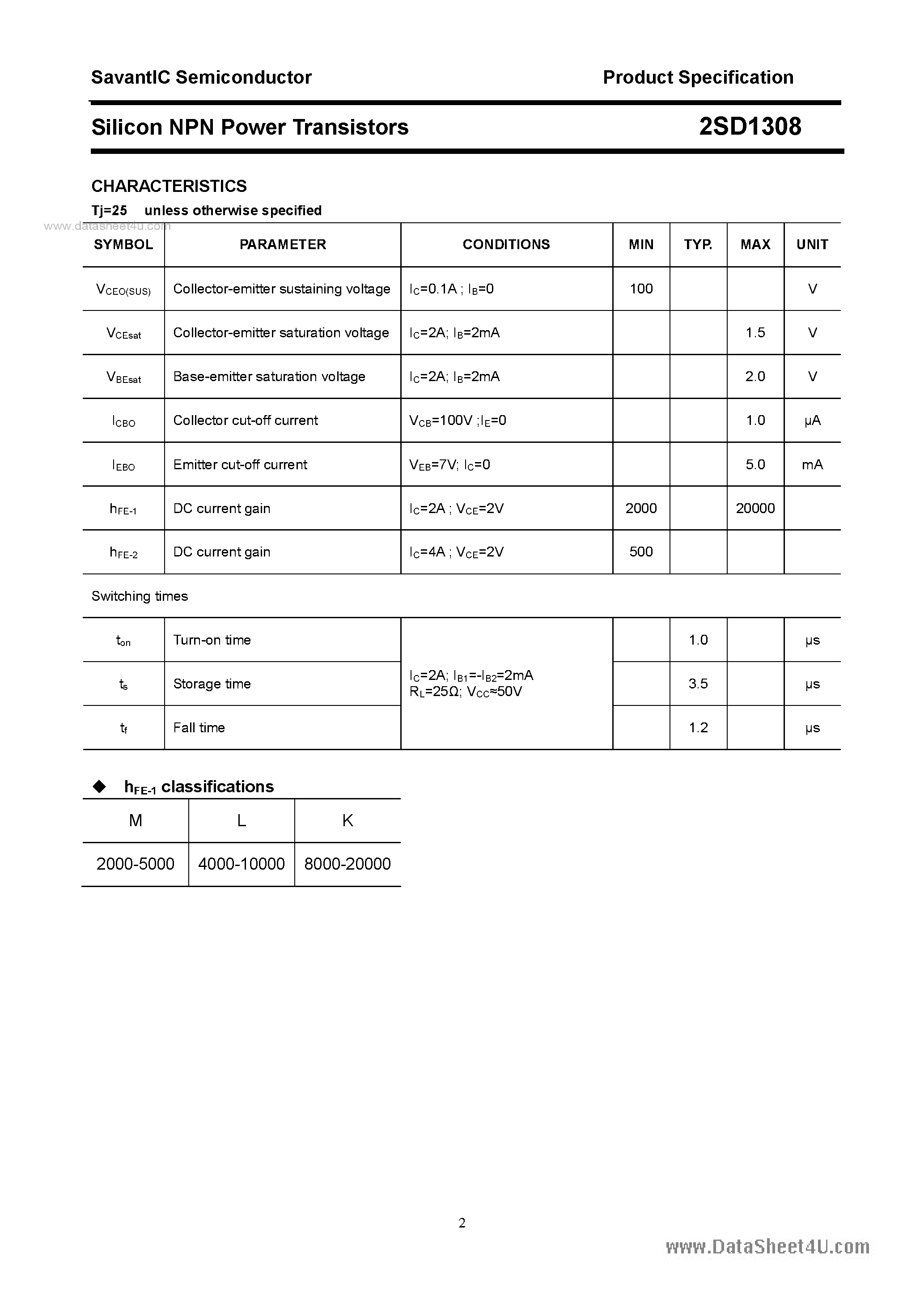 Datasheet 2SD1308 - SILICON POWER TRANSISTOR page 2