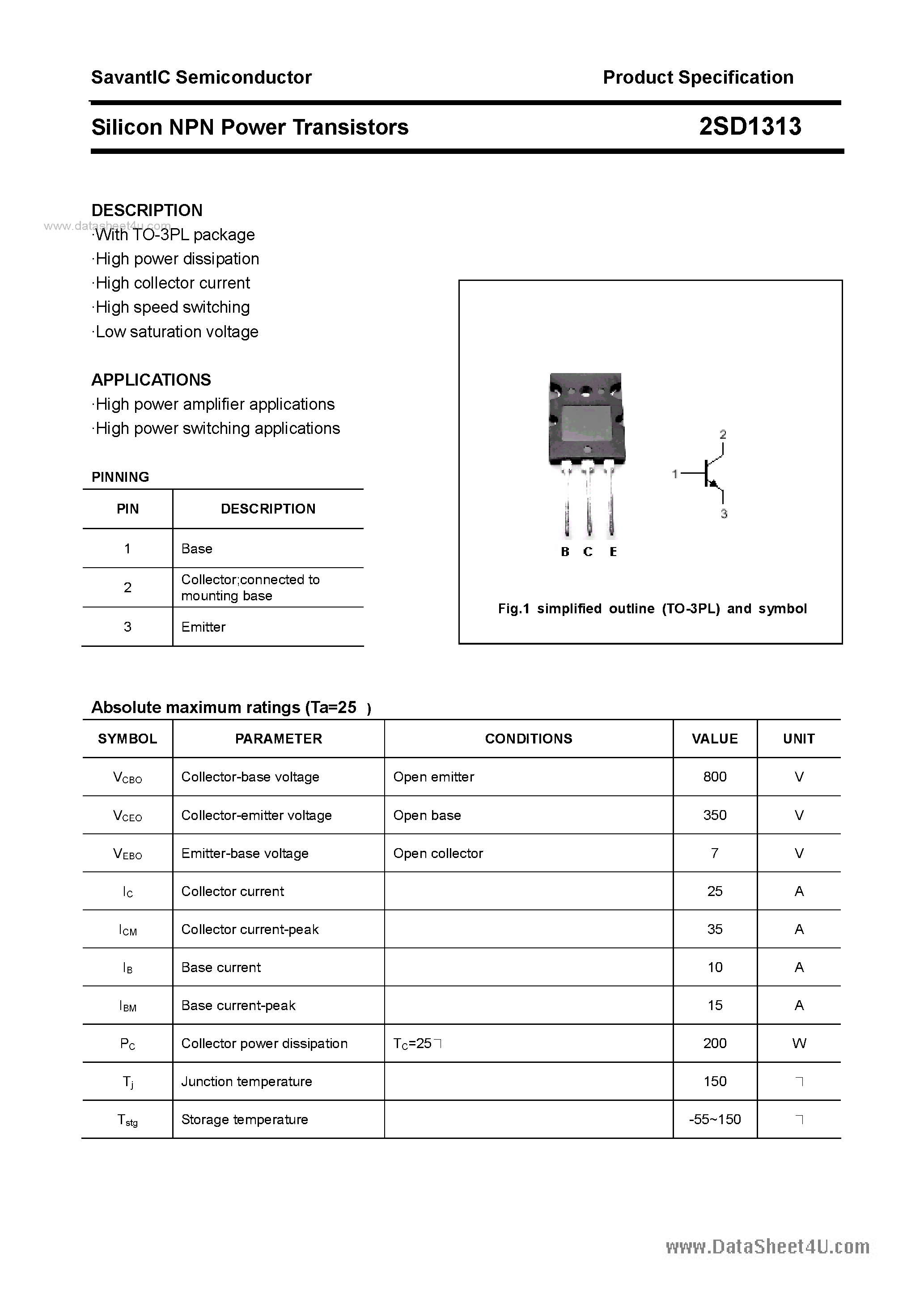 Datasheet 2SD1313 page 1 Datasheet 2SD1313 - SILICON POWER TRANSISTOR page 1