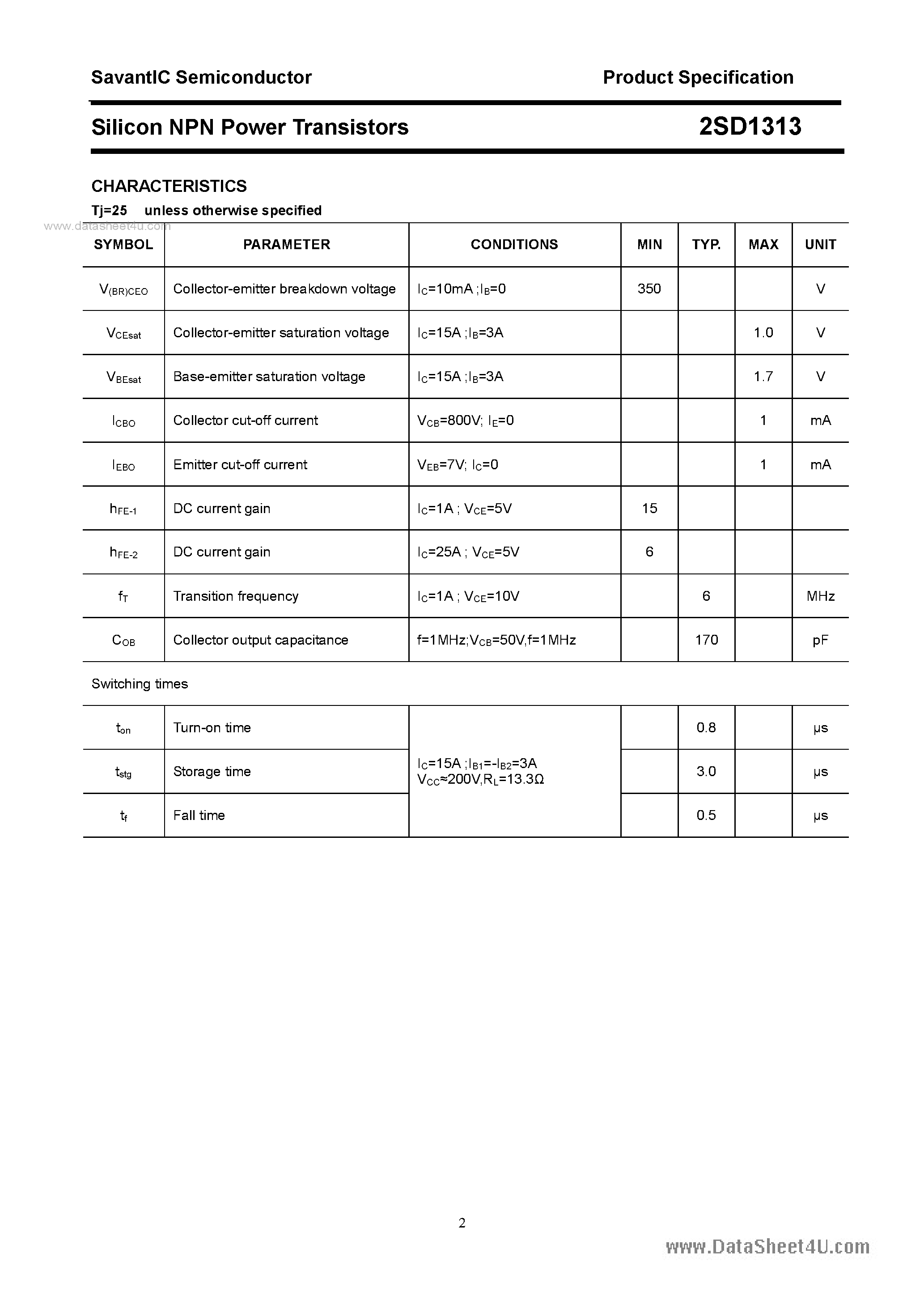 Datasheet 2SD1313 page 2 Datasheet 2SD1313 - SILICON POWER TRANSISTOR page 2