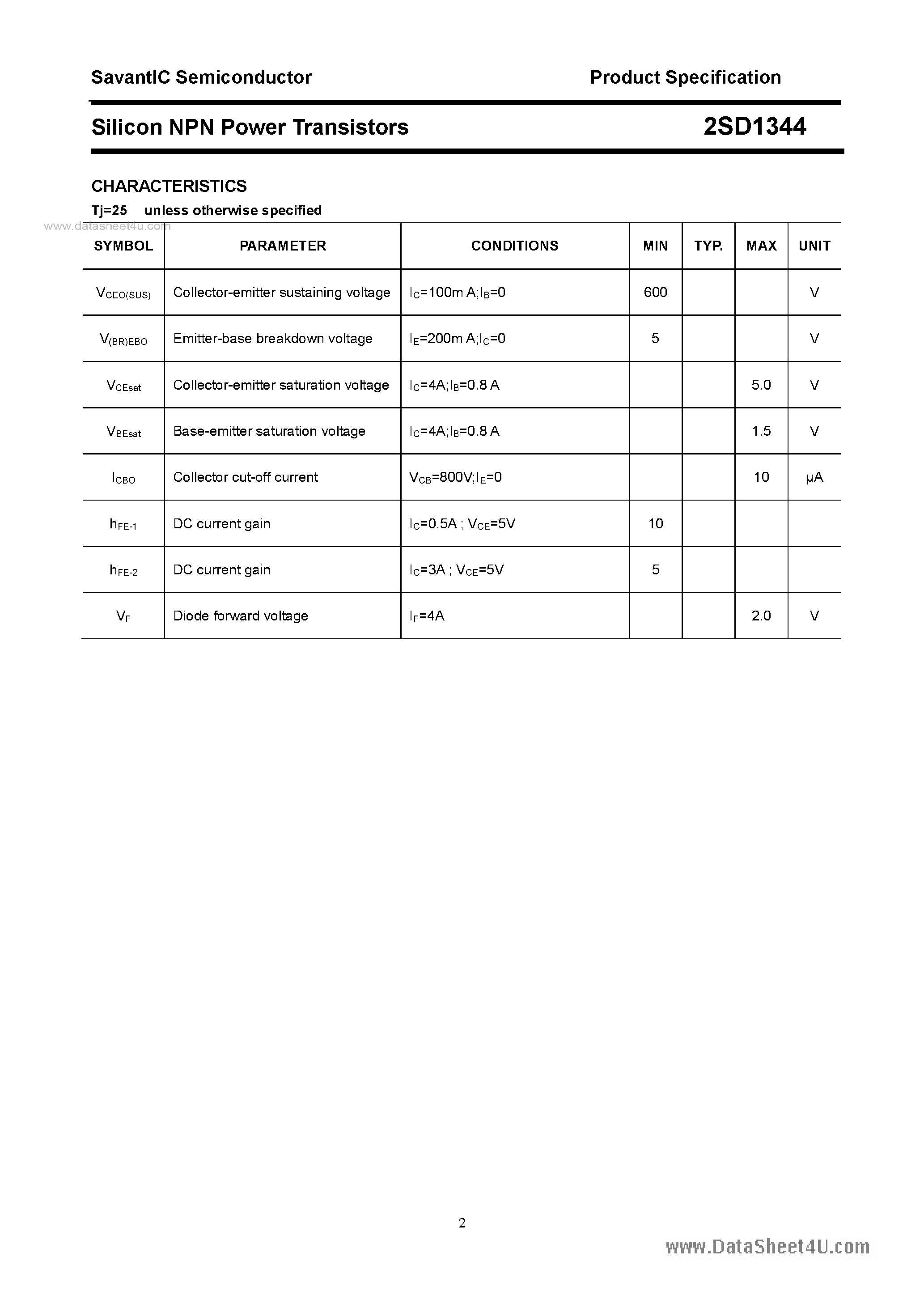 Datasheet 2SD1344 - SILICON POWER TRANSISTOR page 2