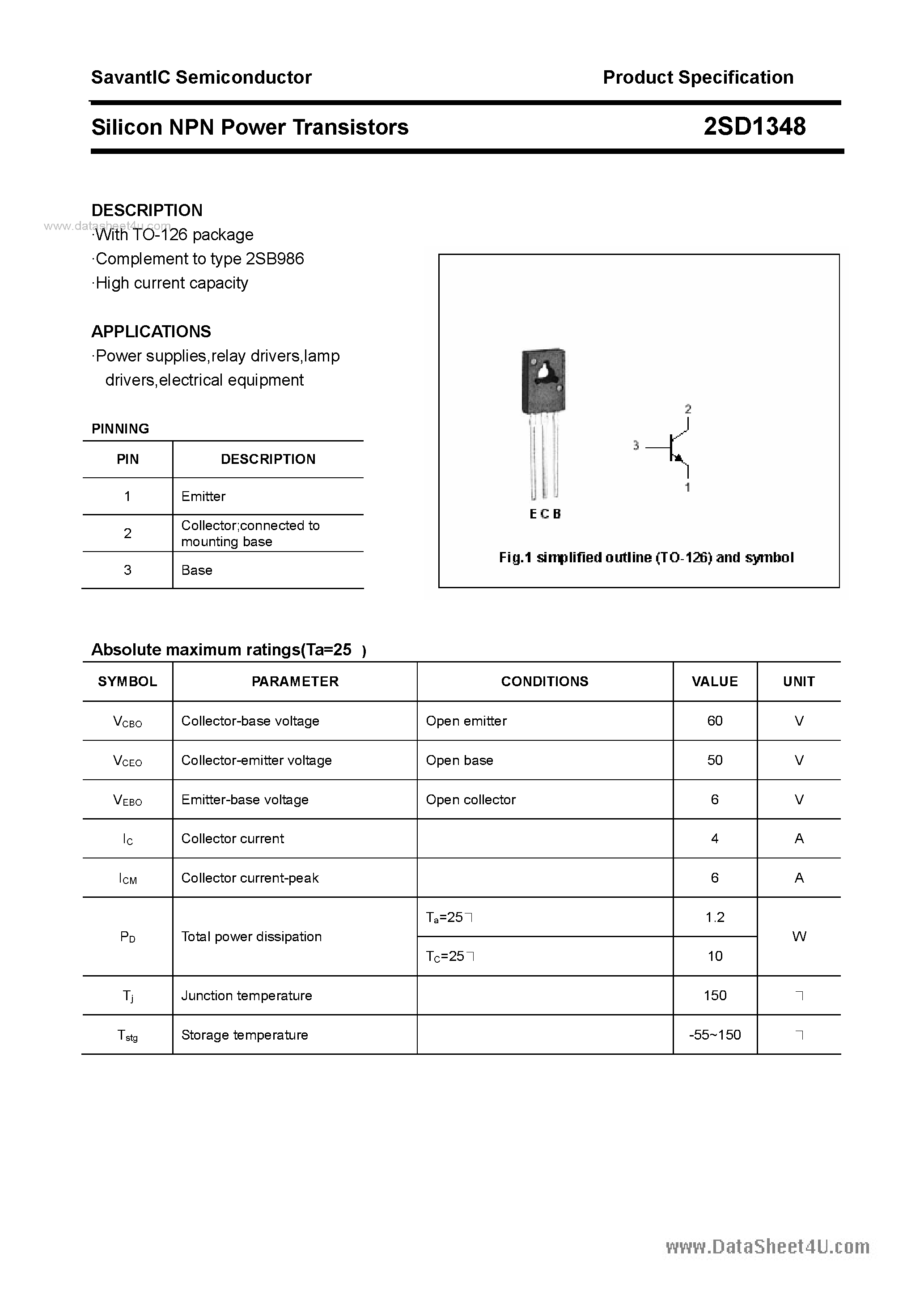 Datasheet 2SD1348 page 1 Datasheet 2SD1348 - SILICON POWER TRANSISTOR page 1