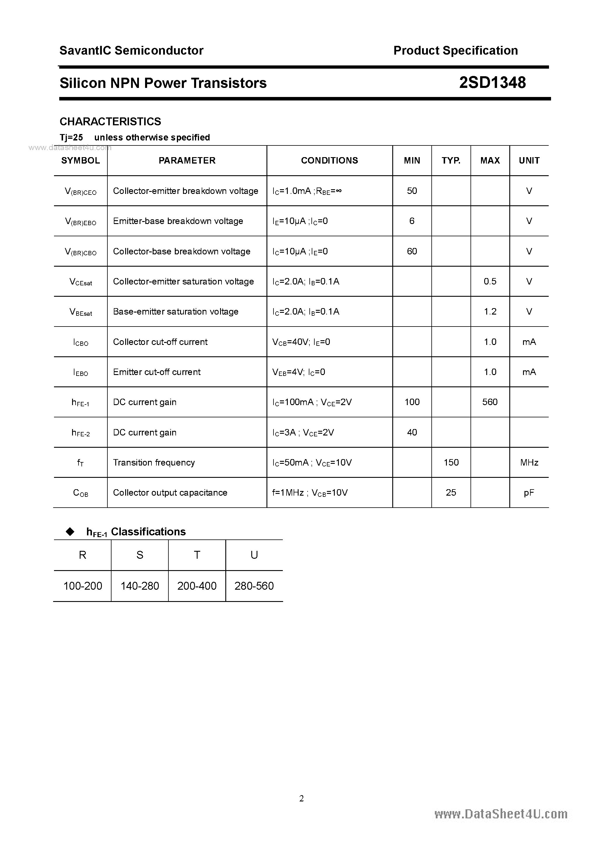 Datasheet 2SD1348 page 2 Datasheet 2SD1348 - SILICON POWER TRANSISTOR page 2