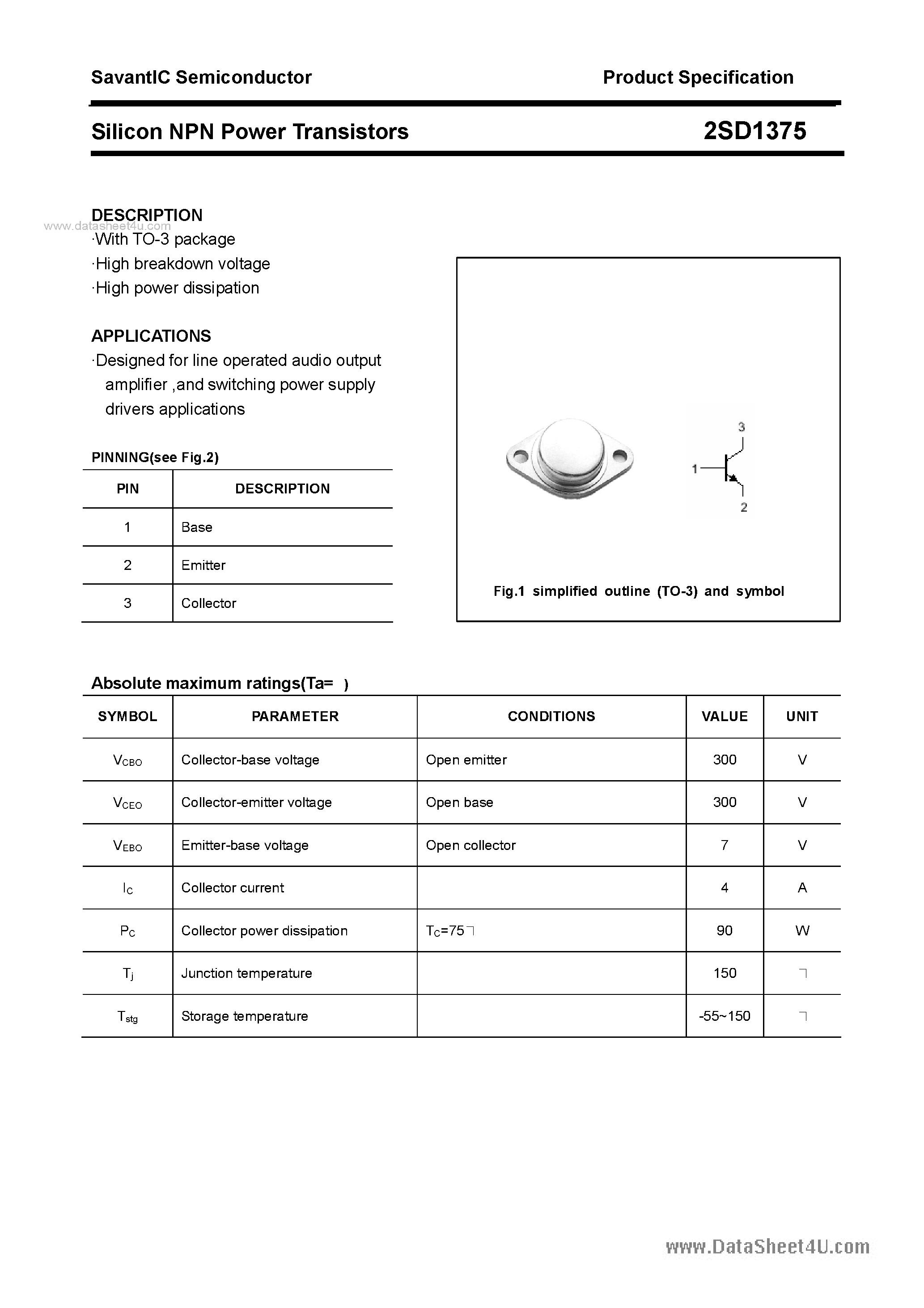 Datasheet 2SD1375 - SILICON POWER TRANSISTOR page 1