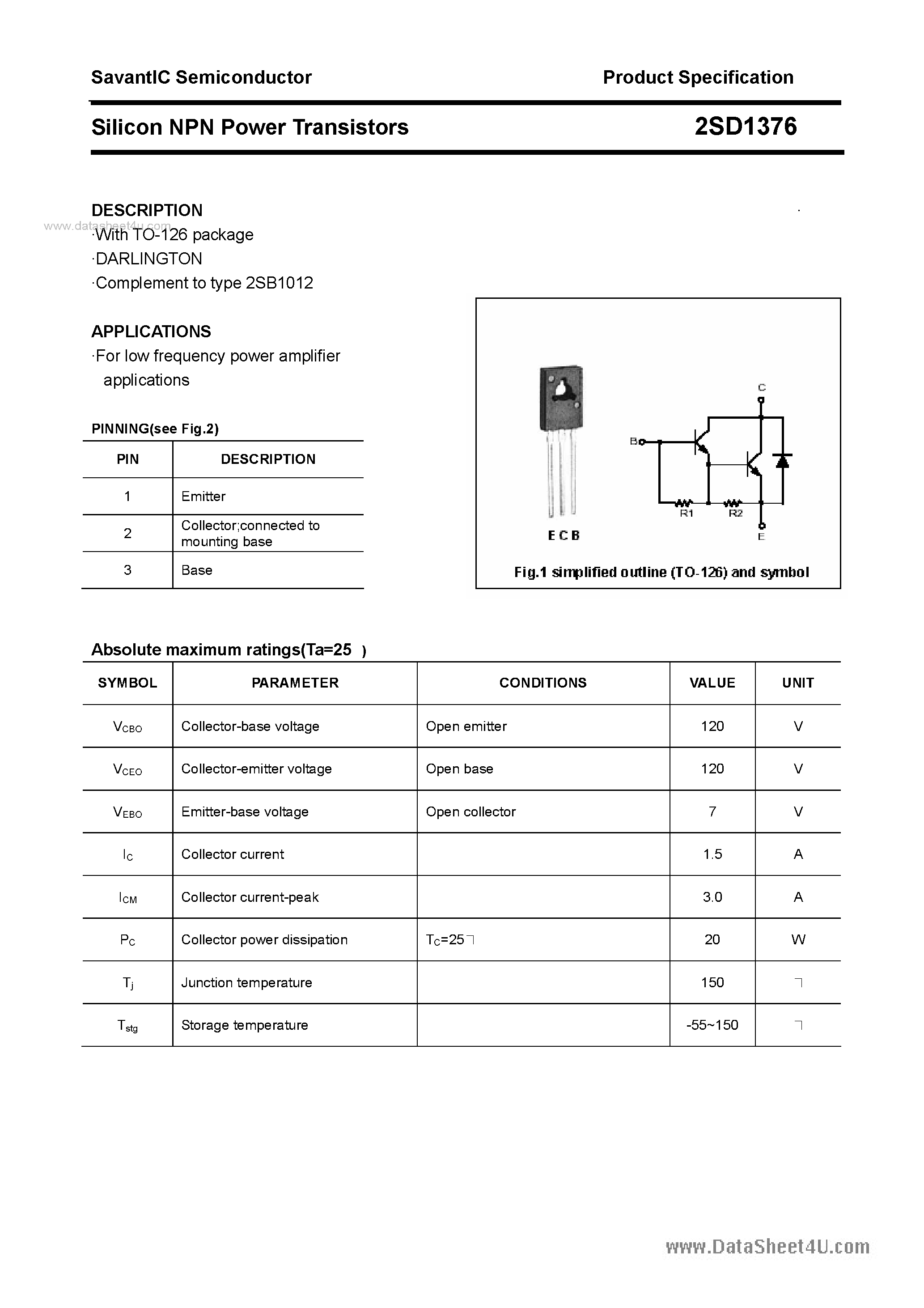 Datasheet 2SD1376 - SILICON POWER TRANSISTOR page 1