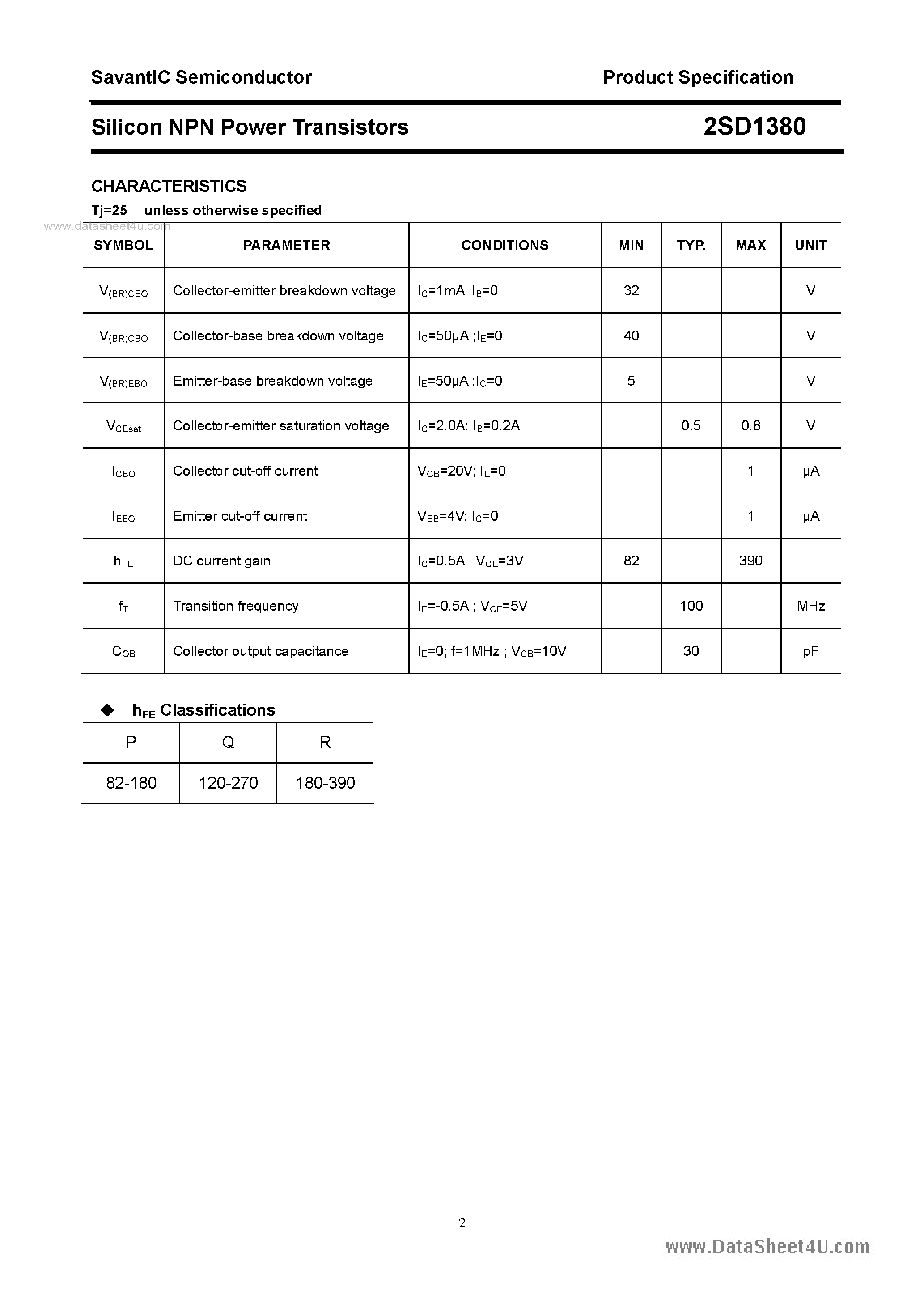 Datasheet 2SD1380 page 2 Datasheet 2SD1380 - SILICON POWER TRANSISTOR page 2