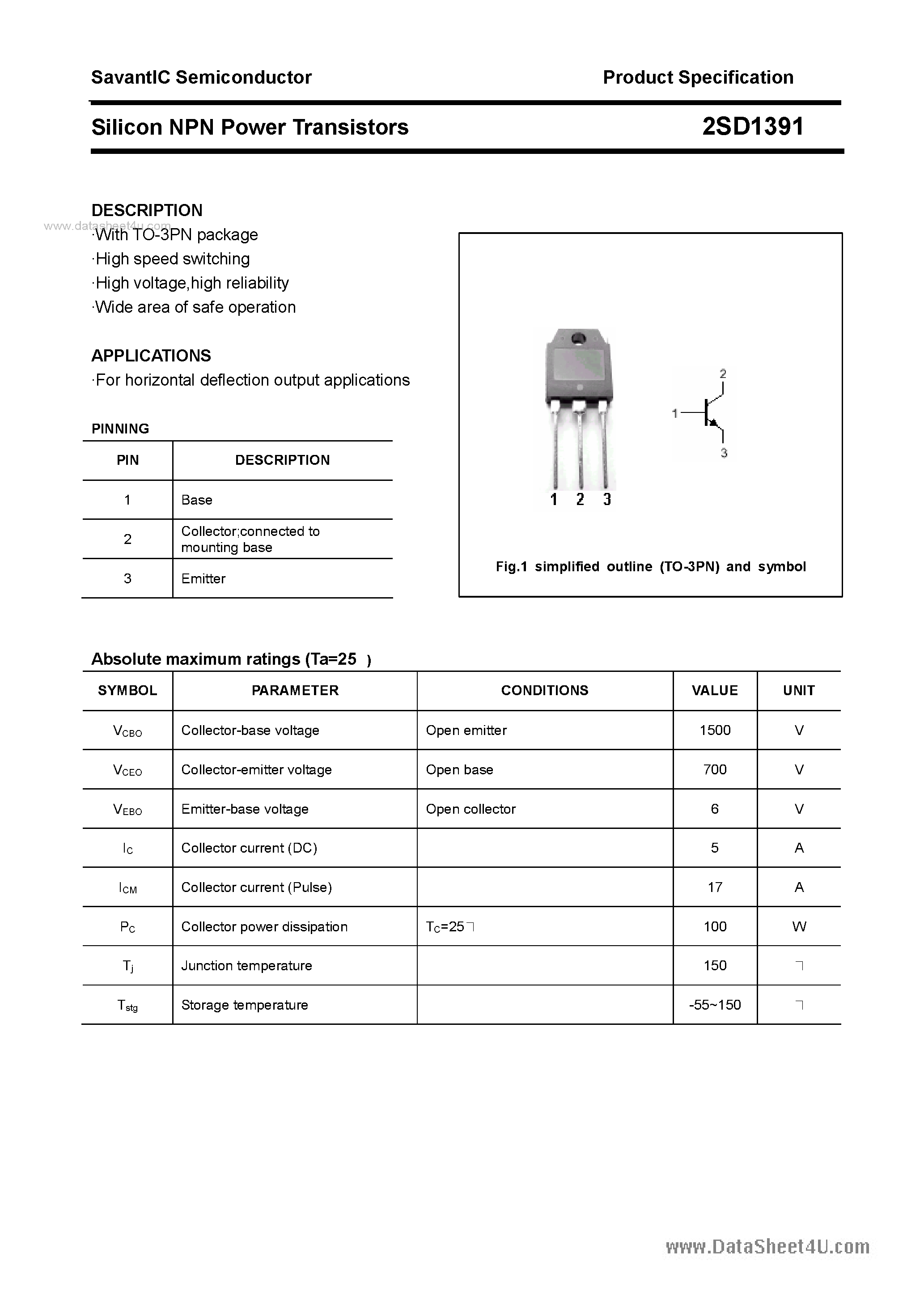 Datasheet 2SD1391 - SILICON POWER TRANSISTOR page 1