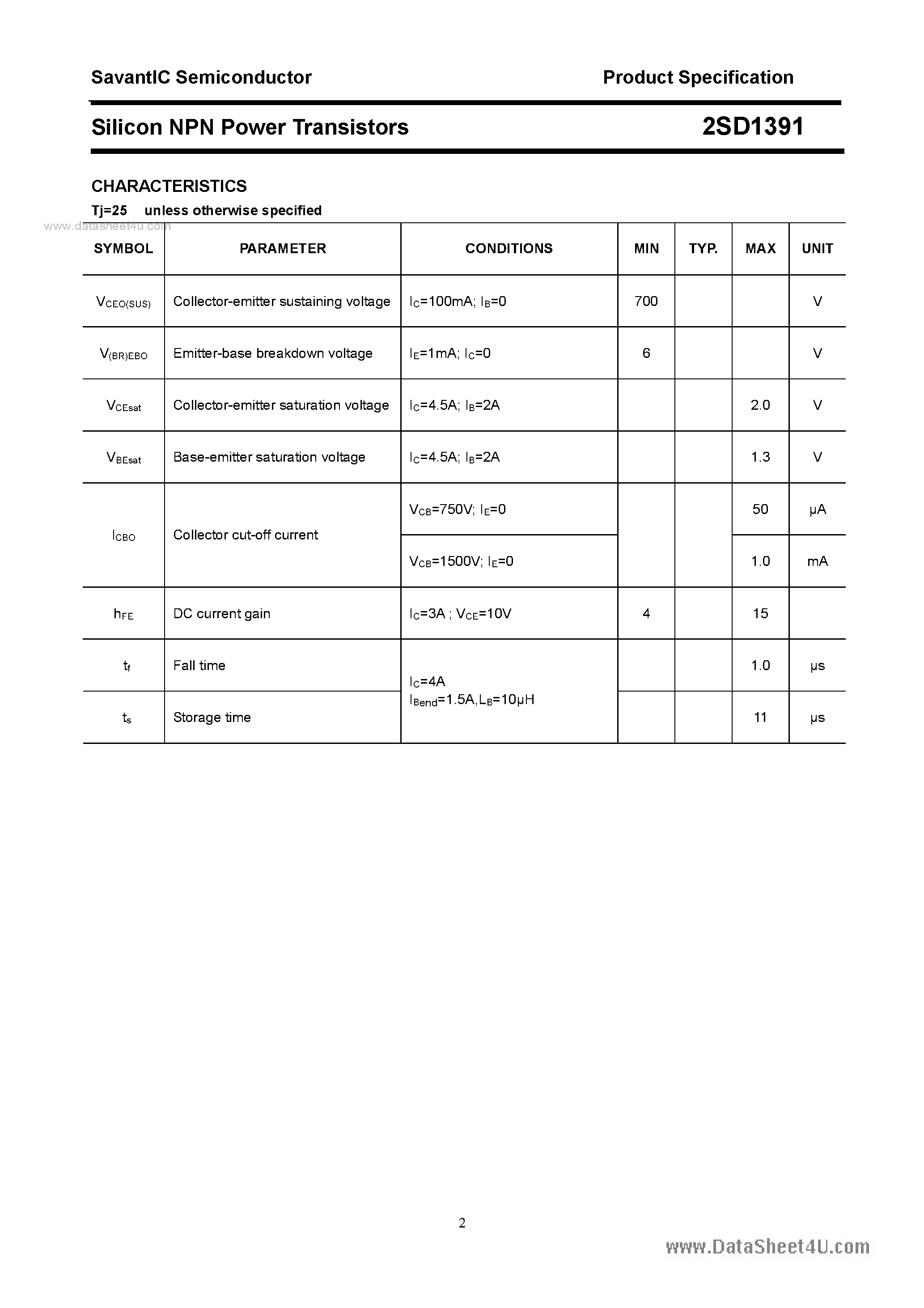 Datasheet 2SD1391 - SILICON POWER TRANSISTOR page 2