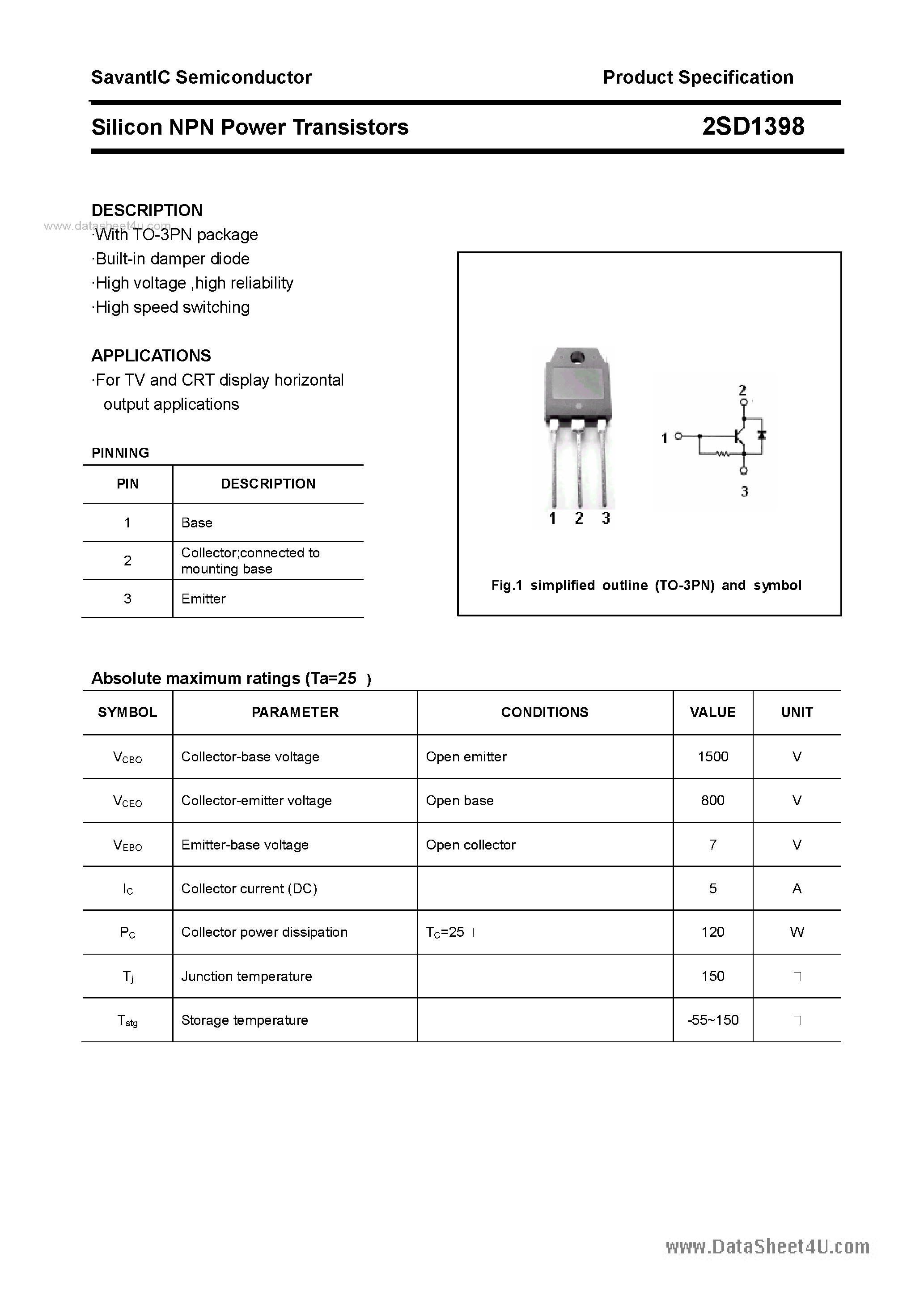 Datasheet 2SD1398 - SILICON POWER TRANSISTOR page 1