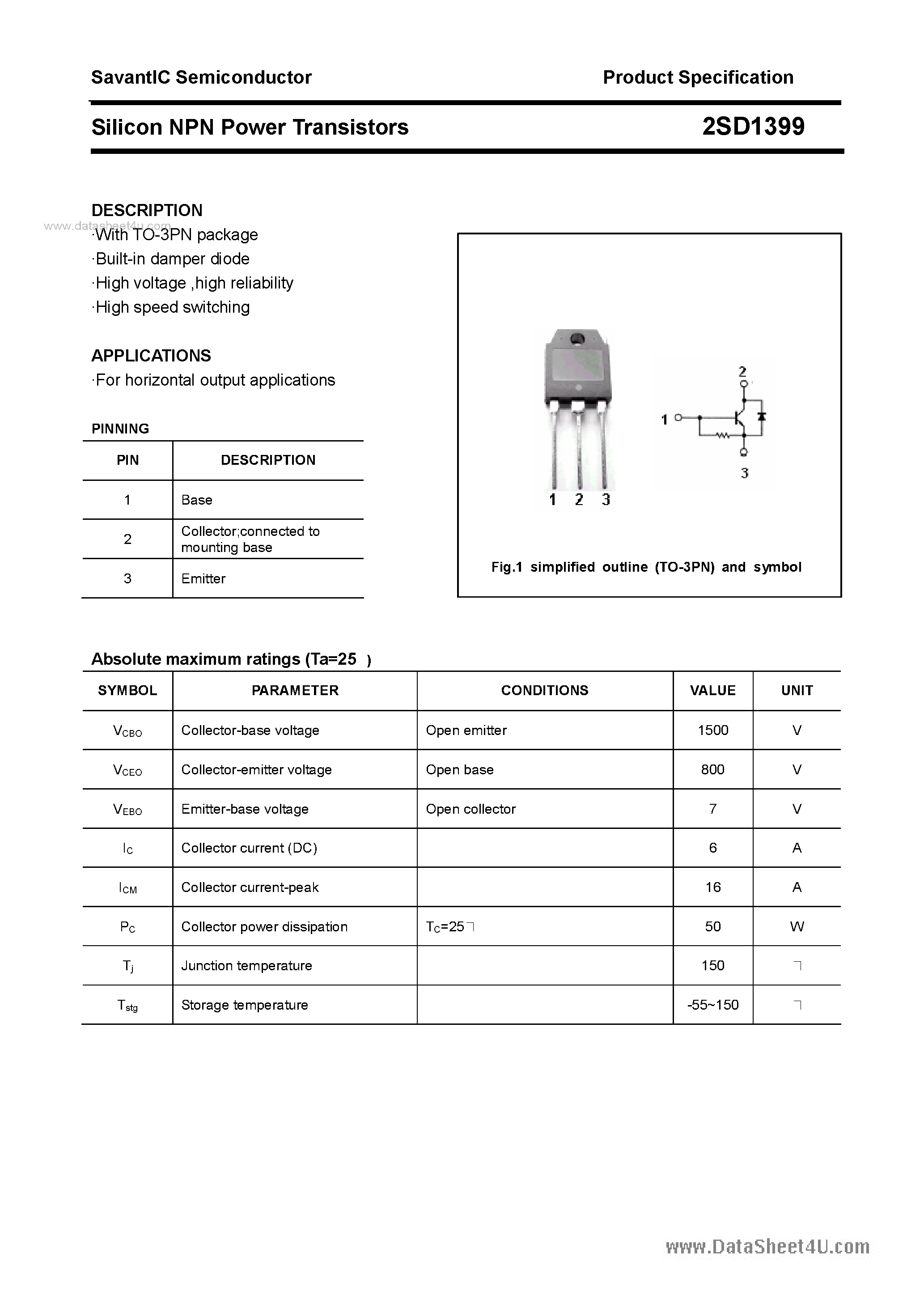 Datasheet 2SD1399 - SILICON POWER TRANSISTOR page 1