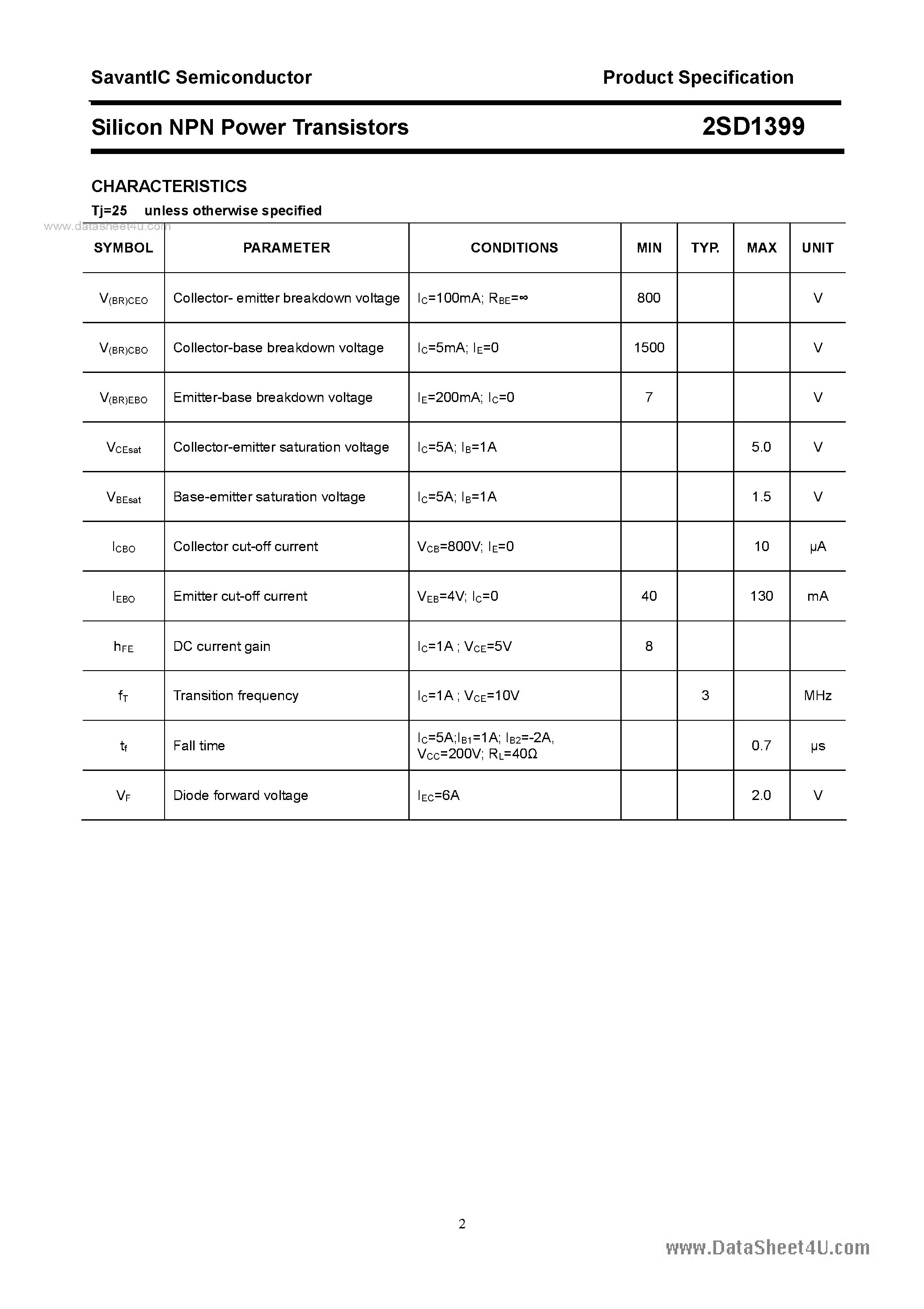 Datasheet 2SD1399 - SILICON POWER TRANSISTOR page 2