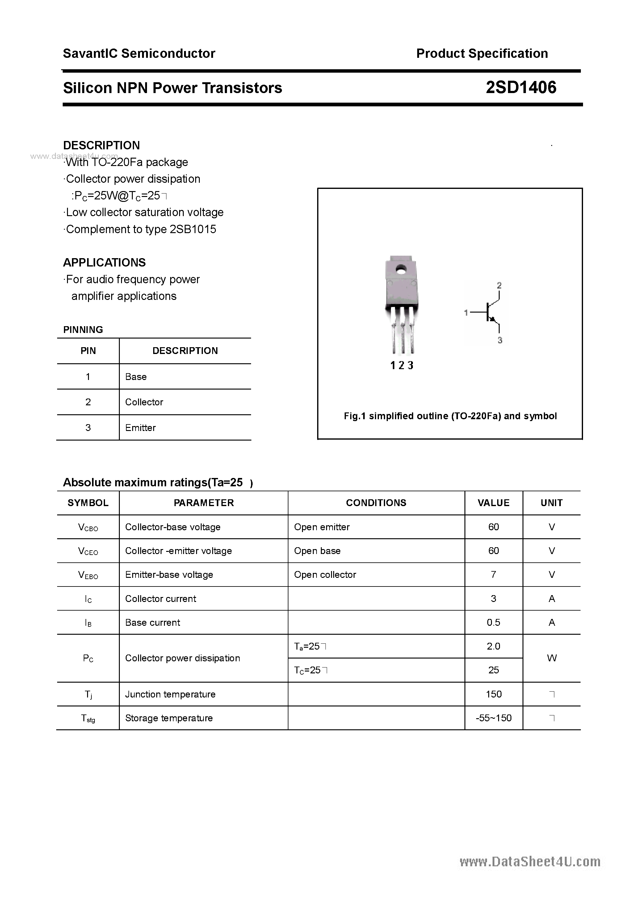Datasheet 2SD1406 - SILICON POWER TRANSISTOR page 1