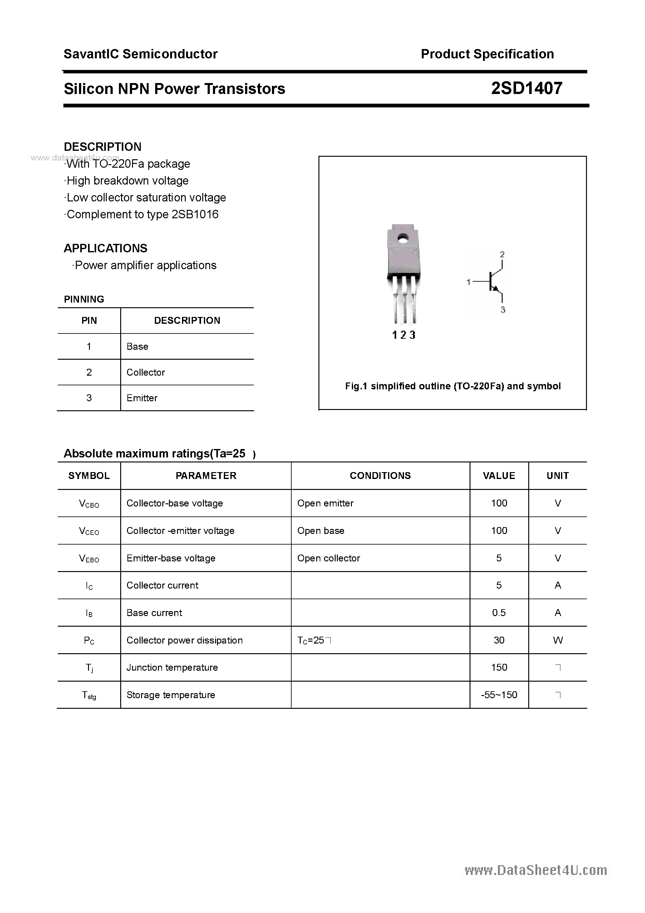 Datasheet 2SD1407 - SILICON POWER TRANSISTOR page 1