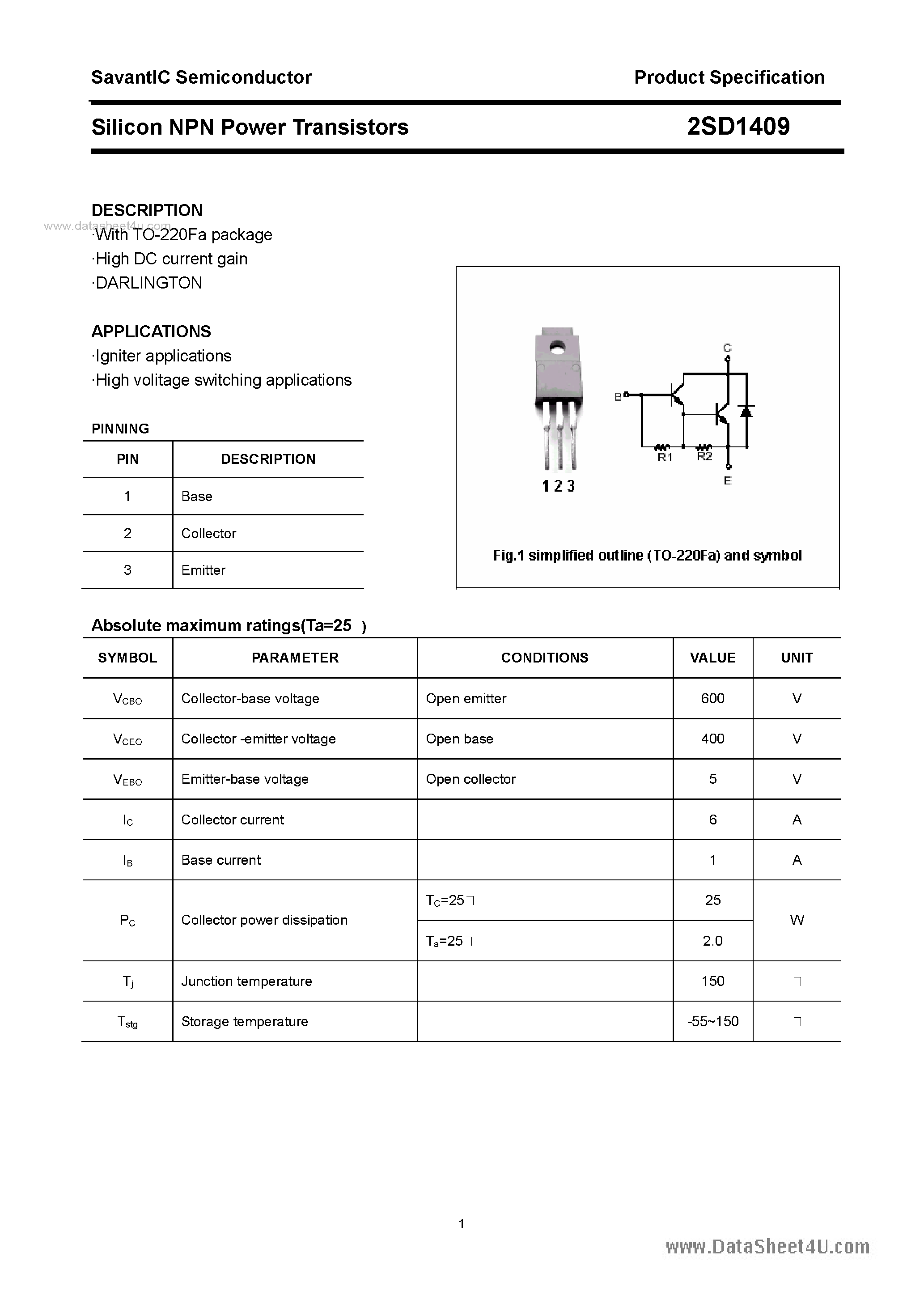 Datasheet 2SD1409 - SILICON POWER TRANSISTOR page 1