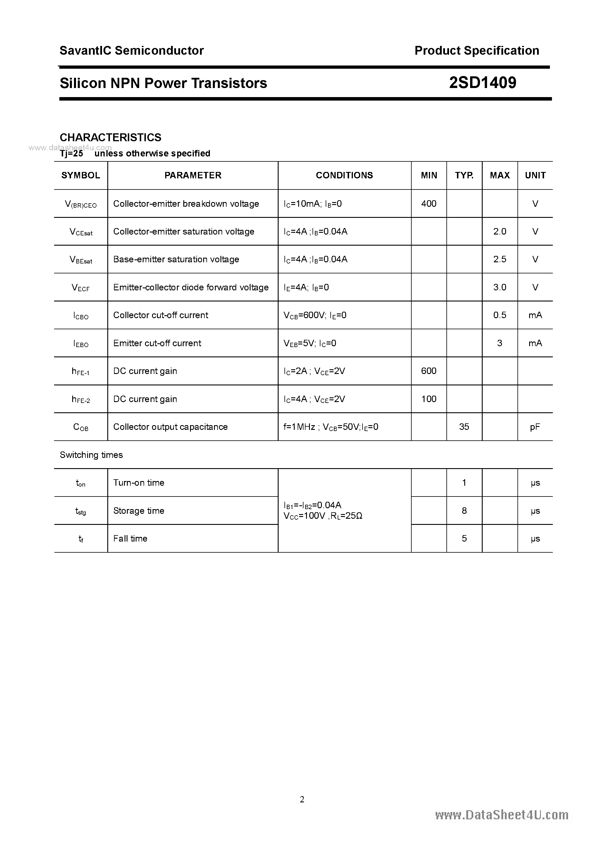Datasheet 2SD1409 - SILICON POWER TRANSISTOR page 2