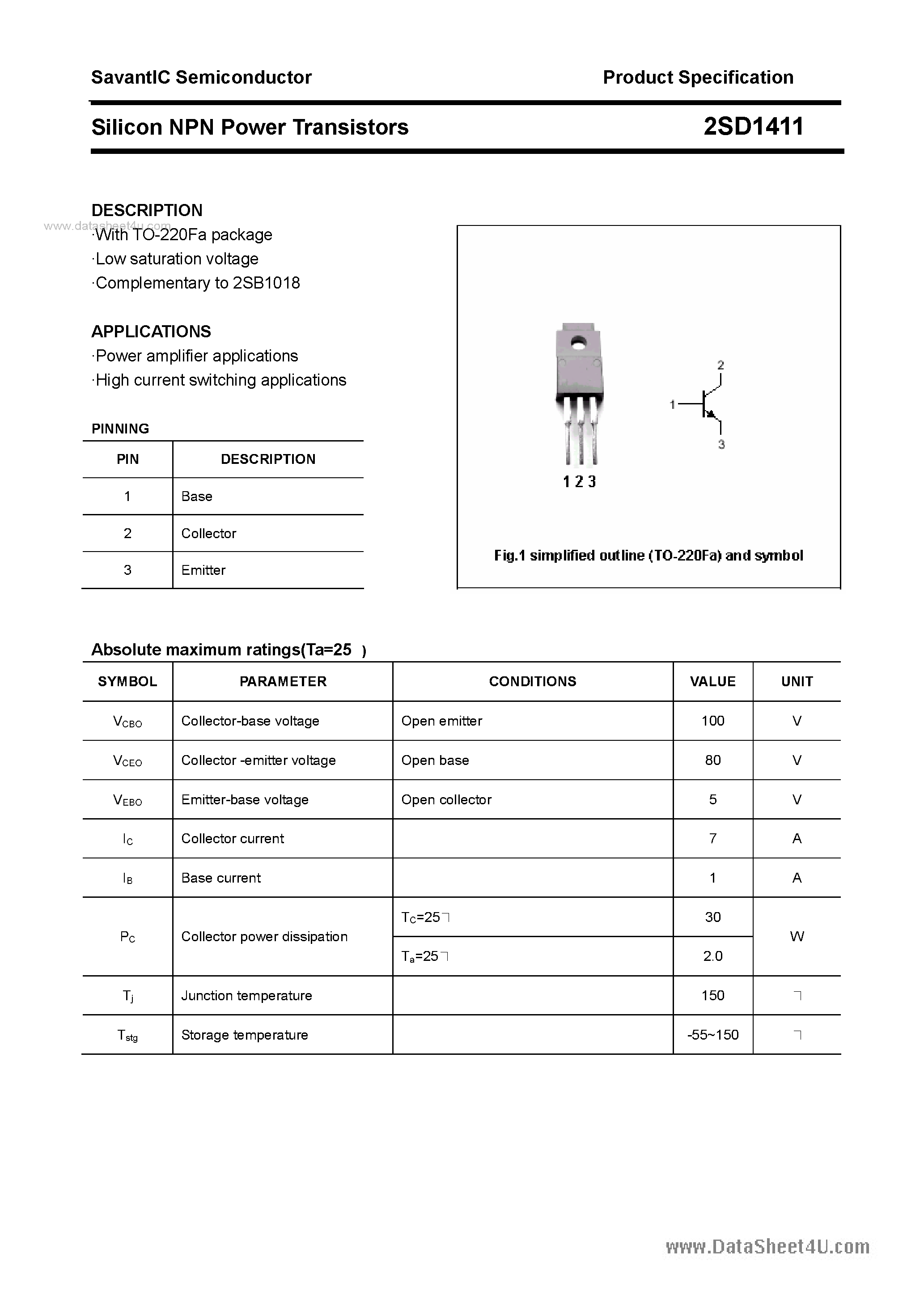 Datasheet 2SD1411 - SILICON POWER TRANSISTOR page 1