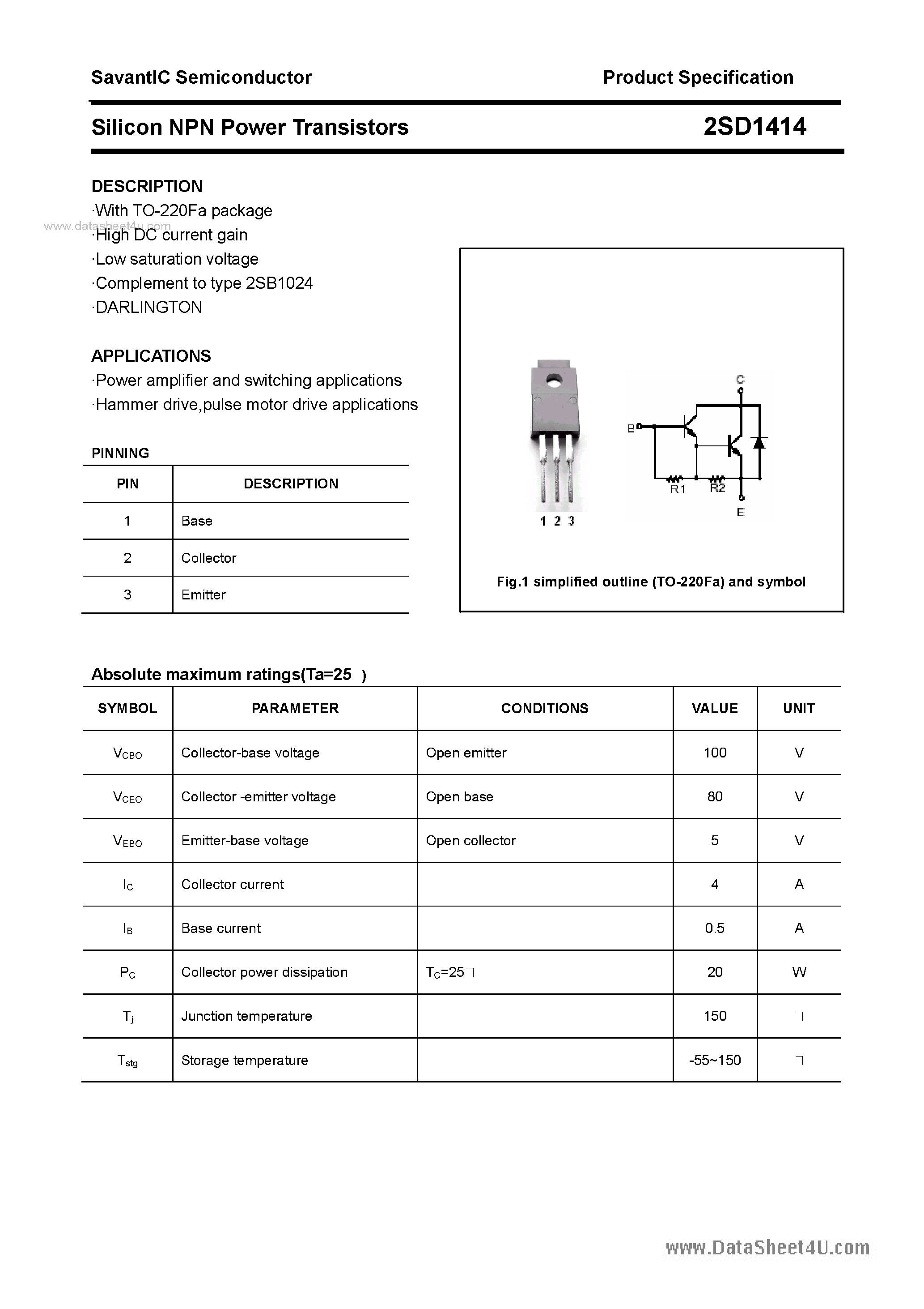 Datasheet 2SD1414 - SILICON POWER TRANSISTOR page 1