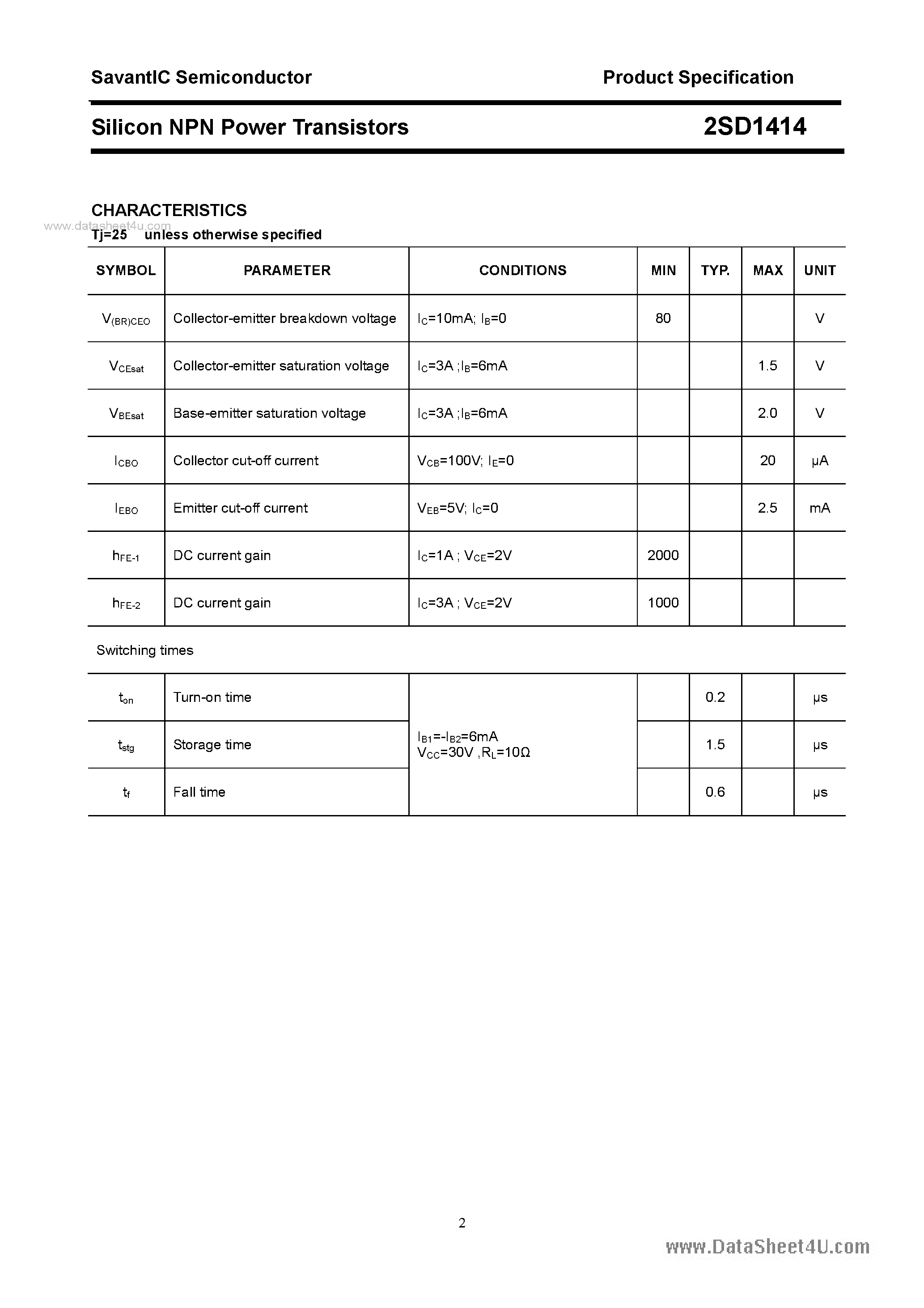 Datasheet 2SD1414 - SILICON POWER TRANSISTOR page 2